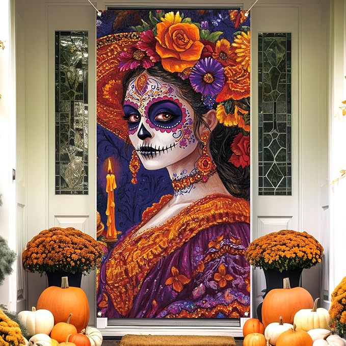 Vohado Dia De Los Muertos Decorations Day of The Dead Door Cover Mexican Sugar Skull Marigold Flowers Party Banner Halloween Wall Decor