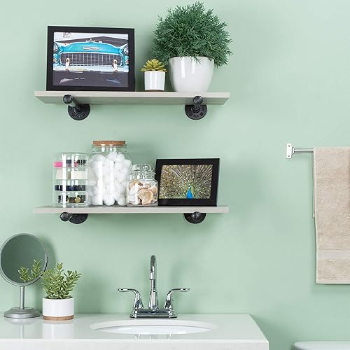 Miniatura 2 de Pipe DÉCOR - Juego de 4 soportes industriales galvanizados de acero negro para estantes colgantes, soporte montado en la pared, pre-sellado y listo