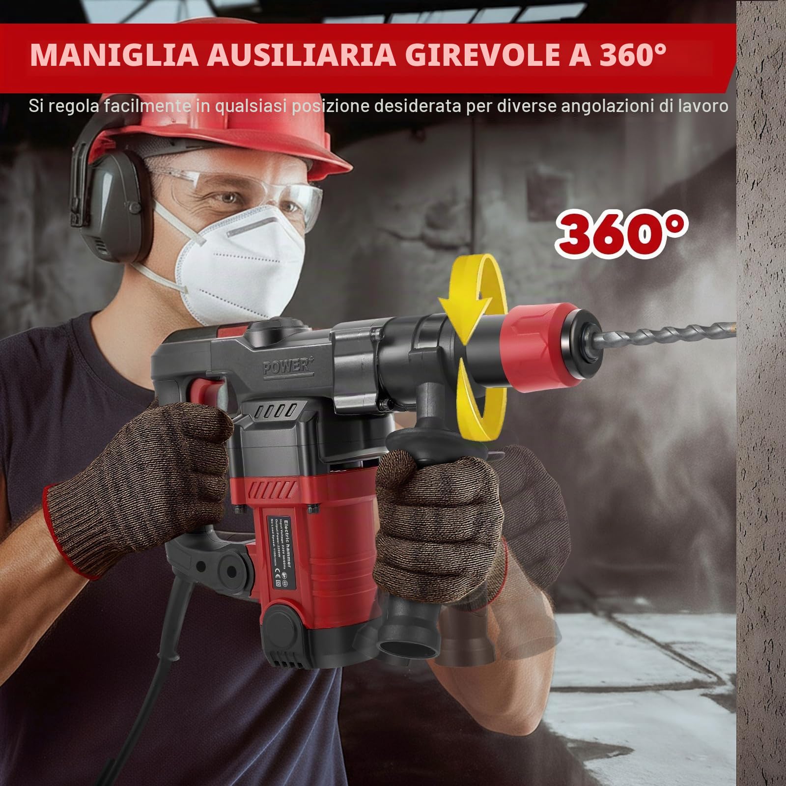 1200W martello demolitore,5J Energia d'impatto,6 livelli regolabili,Velocità al minimo 1050 giri/min,con 4 punte SDS plus 6/8/10/12 mm, trapano multifunzionale Impugnatura antivibrante