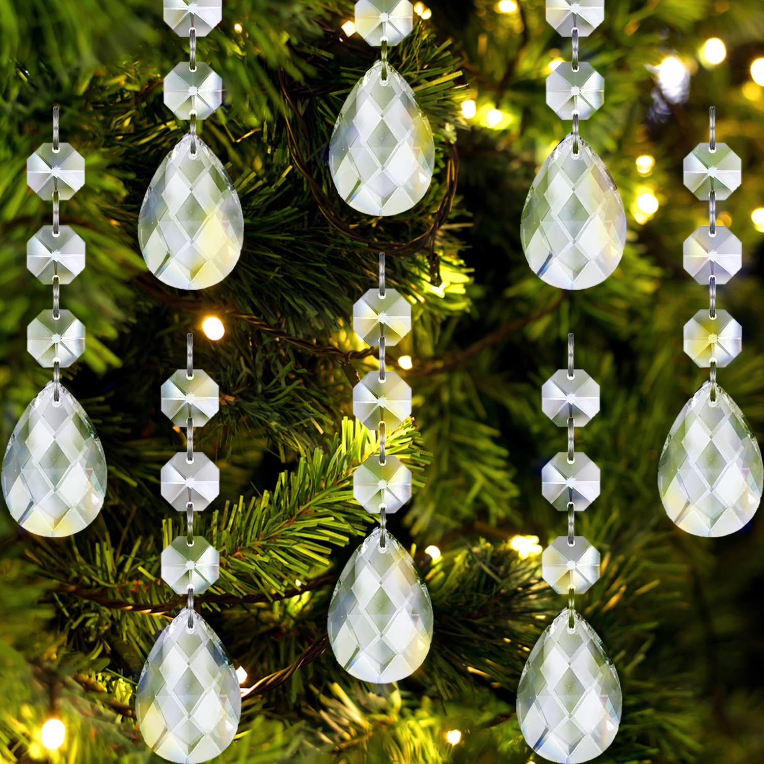 Jishi 30pk Crystal Teardrop Ornaments for Christmas Tree Decorations, Hanging Clear Plastic Acrylic Tear Drop Crystal Ornaments for Christmas Tree, Xmas Bead Garland New Years Party Supplies Clearance