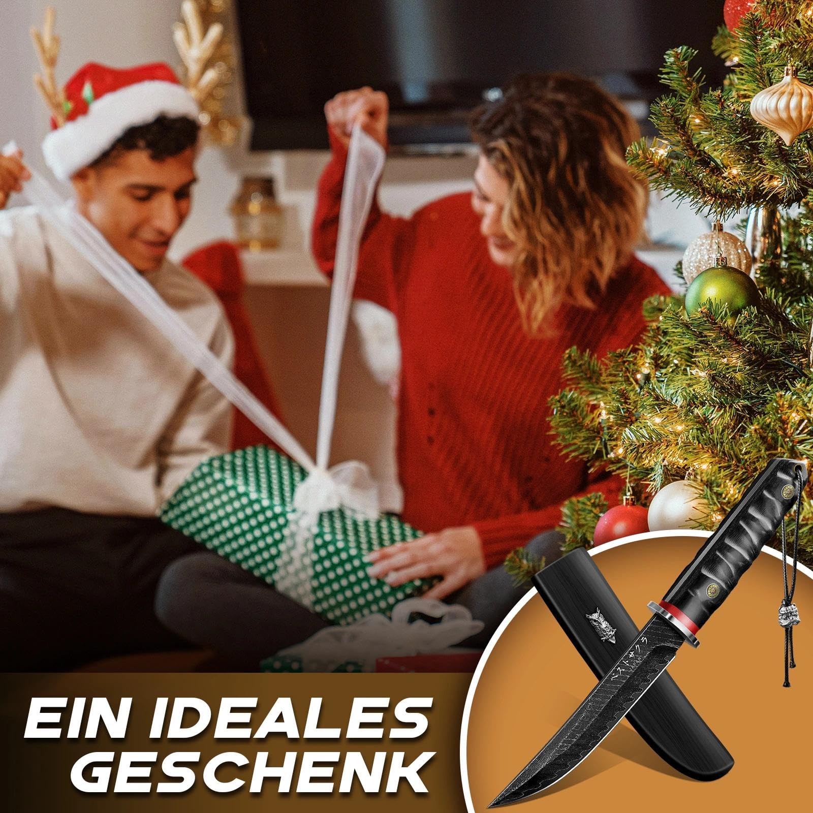 PURPLEBIRD Schwarzes Camping Messer aus Kohlenstoffstahl, Hohe Härte und Schärfe, Outdoor Messer mit Messerscheide aus Ebenholz für die Jagd, Wanderungen, Geschenk für Männer