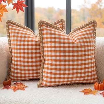 Fall Outdoor Burnt Orange Gingham Plaid Pillow Covers 18x18, Linen Trimmed