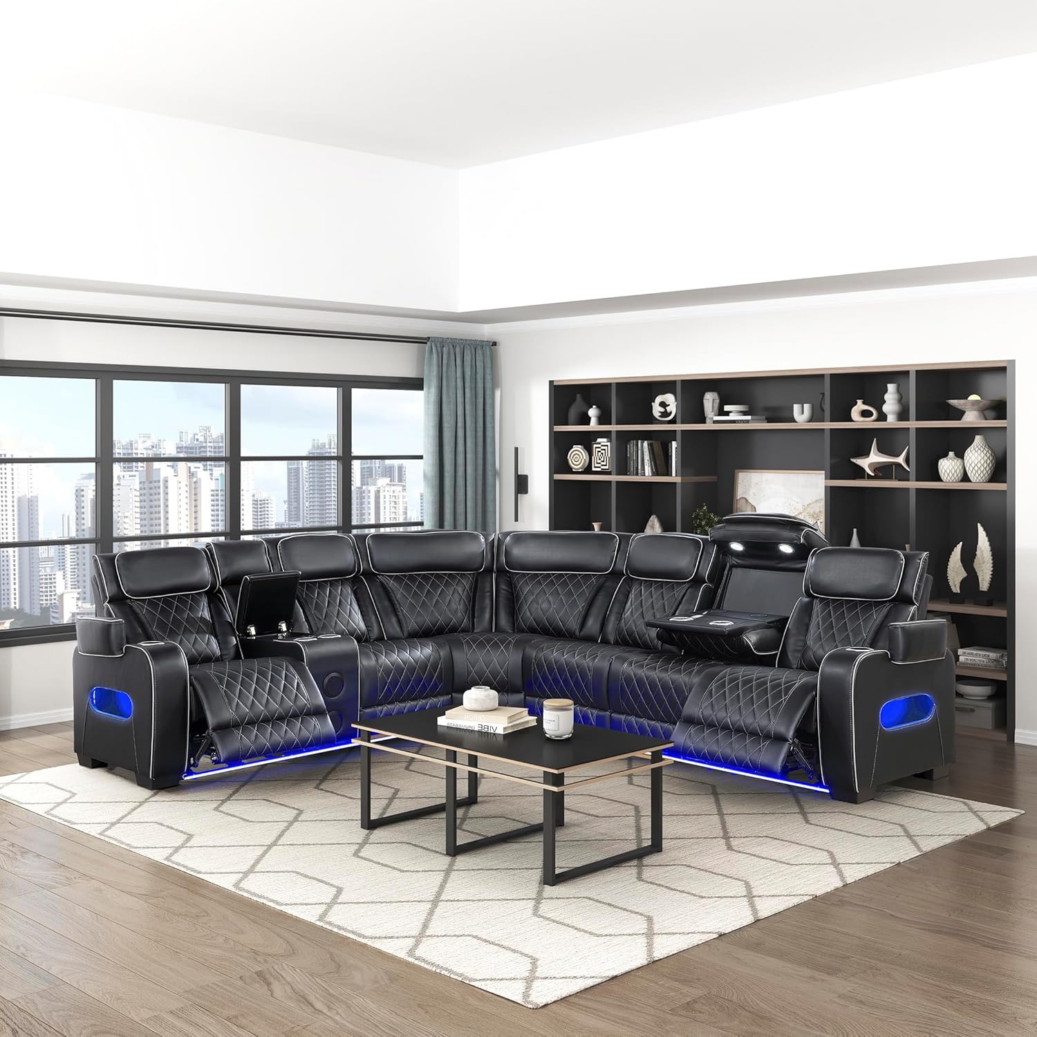 Lexicon 128" Power Reclining Sectional Sofa, Wall Hugger, 2 Storage Arms, Left Console Cup Holders, Power Headrests, Wireless Charger, Charging Ports, Speakers, LED Lighting, Faux Leather Black