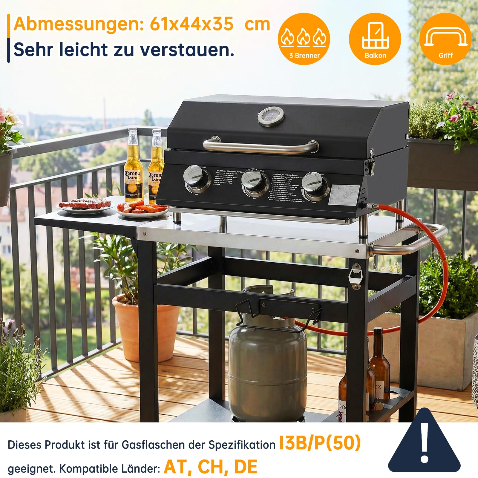 TLSUNNY 3 Brenner Gasgrill Klein, Kompakt Tischgasgrill mit Emaillierter Grillrost, Thermometer, Camping Gasgrill Tragbarer für BBQ, Balkon, Garten, 6.6kW, 60 x 33 cm Grillfläche, 4PCS Füße, Schwarz