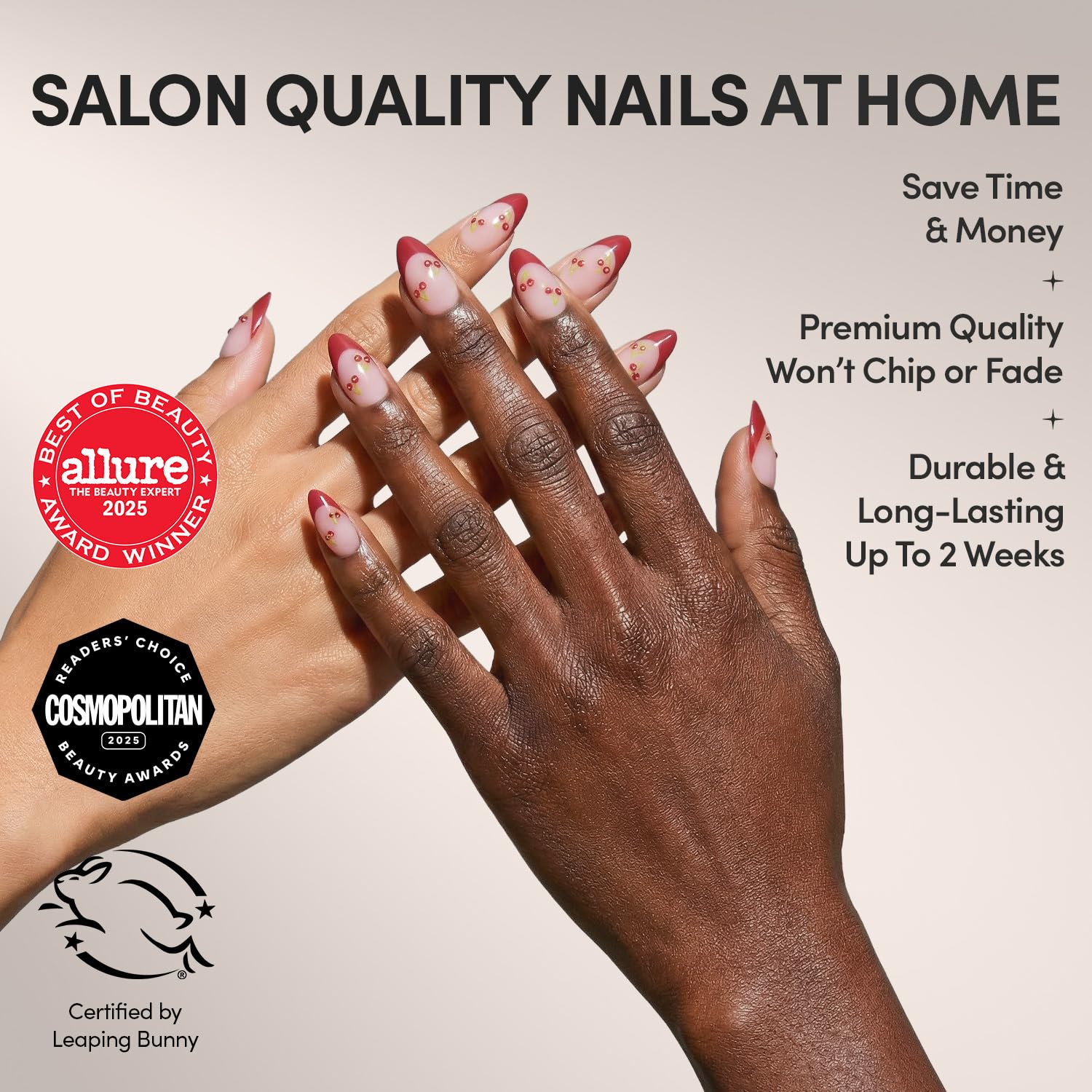 Glamnetic Press On Nails - Cherry Bomb | Short Almond Fake Nails with Glossy Red French Tips & 3D Cherry Accents on Semi-Transparent Base, Salon Quality | 15 Sizes - 30 Nail Kit with Glue - 3