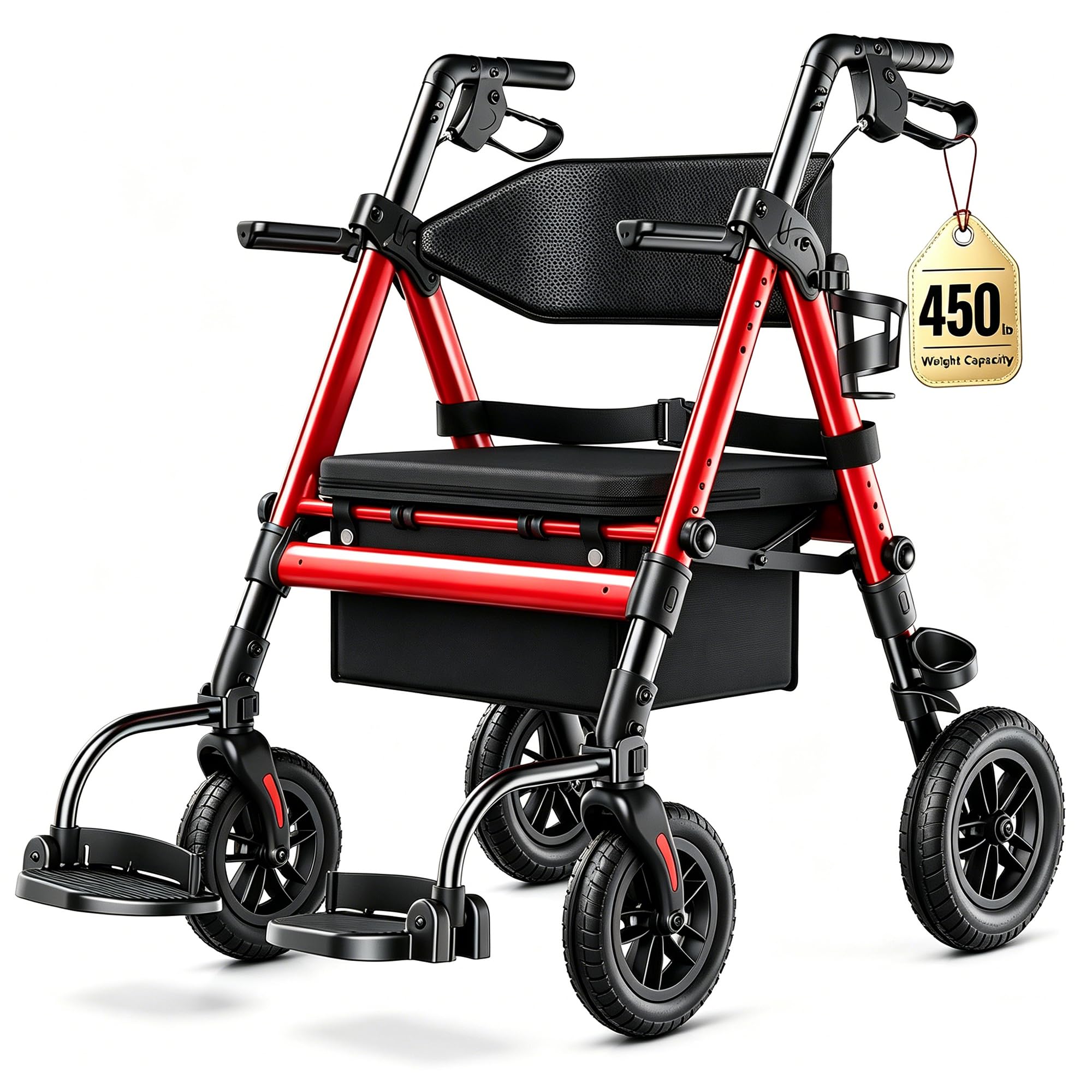 Heavy Duty Walkers for Seniors 2 in 1 Rollator Wheelchair Combo | 450 lb Capacity 10 All-Terrain Wheels Adjustable Seat & Handle Foldable Transport Chair with Seat Red product thumbnail 2