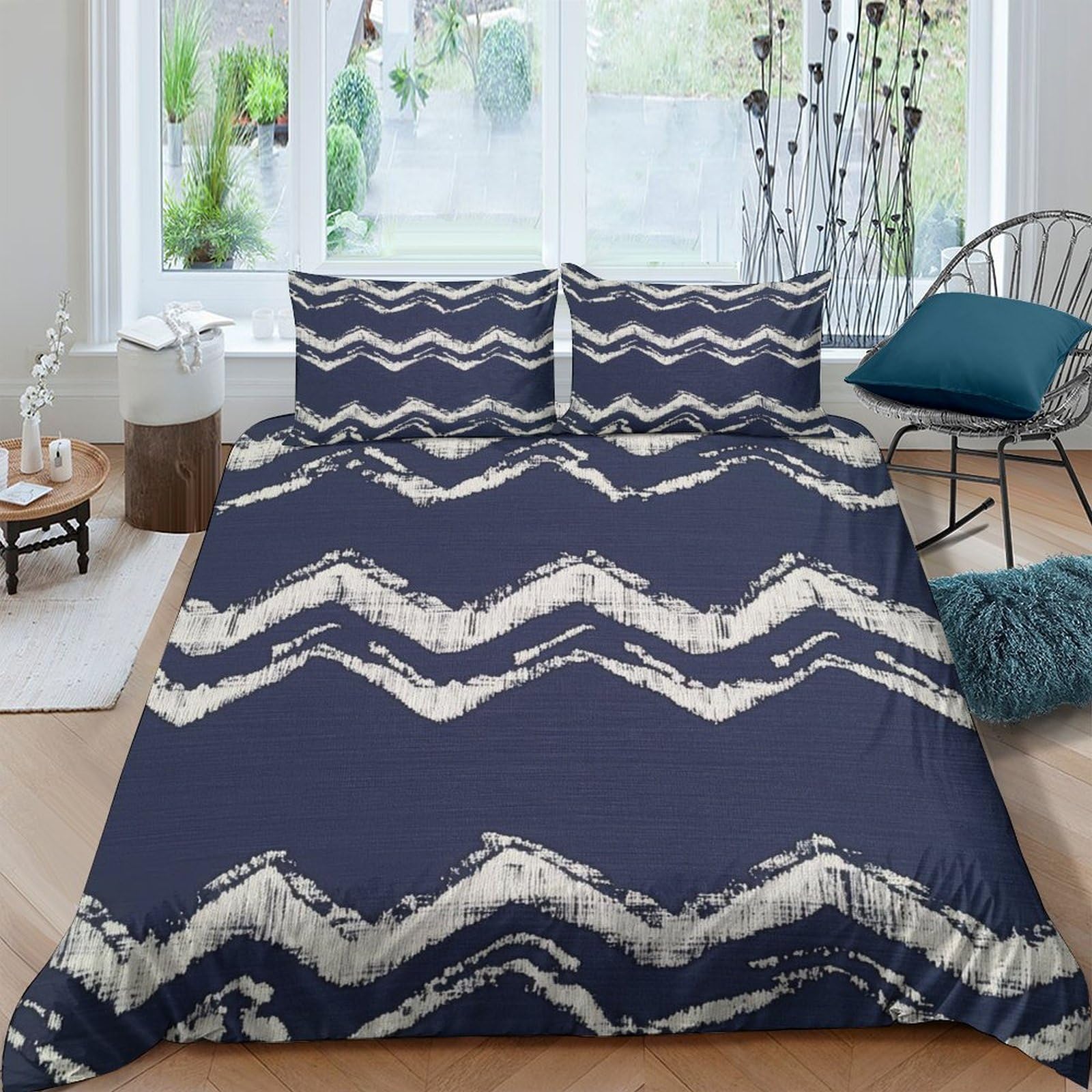 Ctjqhvkz Style-8 3D Printed Navy Chevron Fitted Sheet Microfiber Soft Breathable Abstract Wave Mattress Cover For Bedroom Dorm Mattress Protection Decor Single（135X200cm）