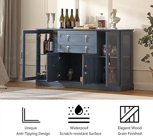 Miniatura 6 de Armario de buffet moderno de 58.2 pulgadas con almacenamiento, armario de café con 2 puertas de cristal, aparador Credenza con dos cajones y