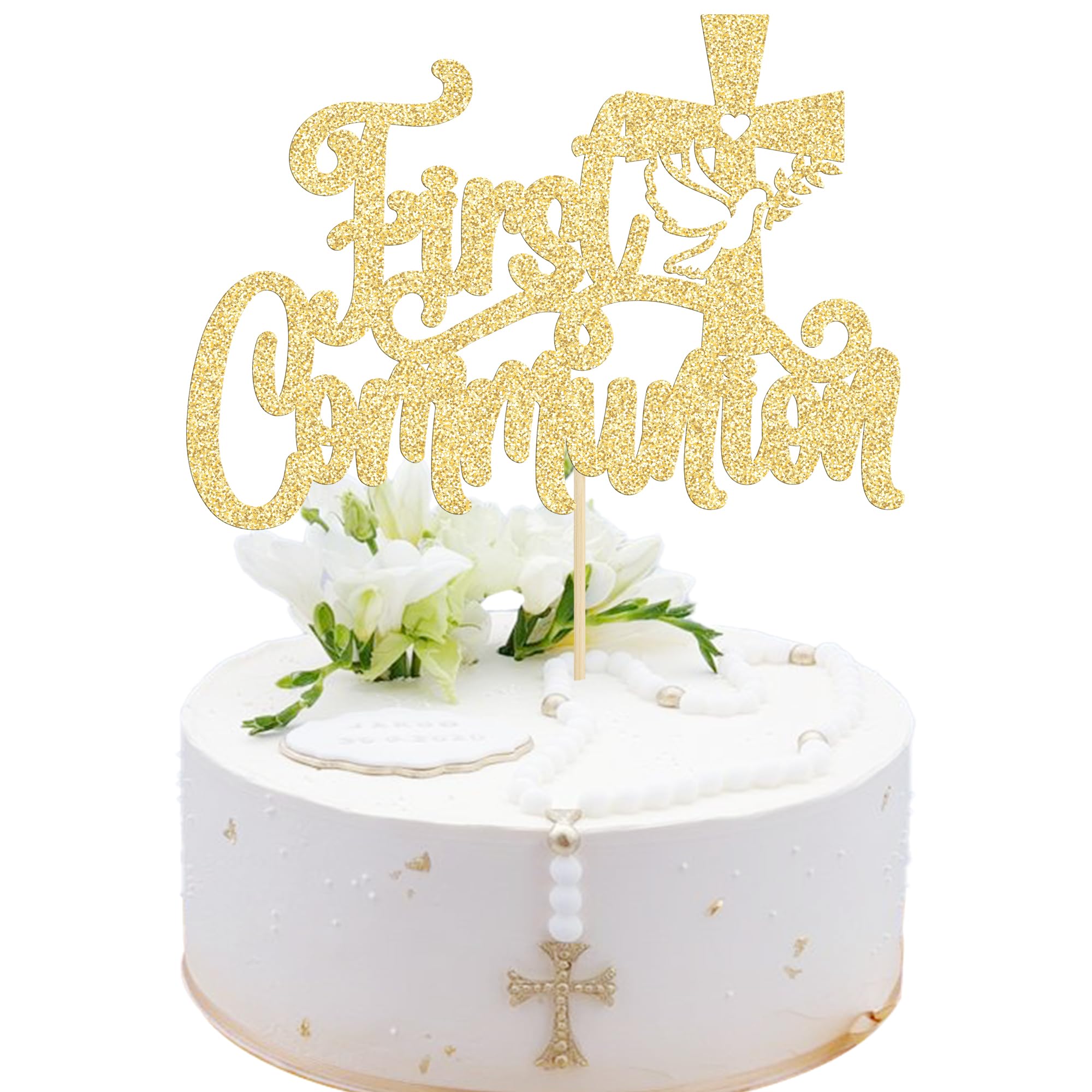 1Pc First Communion Cake Topper Gold Glitter Baptism Christening Cake Pick God Bless Confirmation Cake Decorations for Communion Baby Shower Birthday