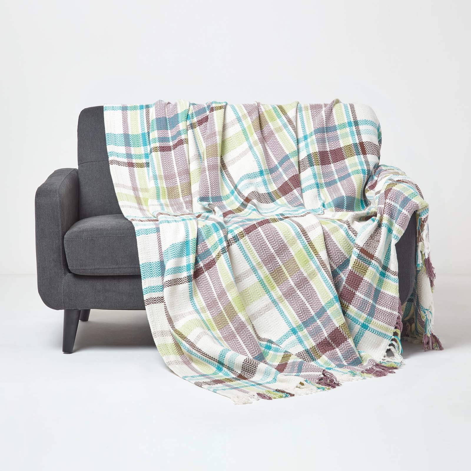 Homescapes Green ‘Falun’ 100% Cotton Tartan Pattern Throw, Bedspread Blanket With Tassel Fringing, 255 X 360 Cm