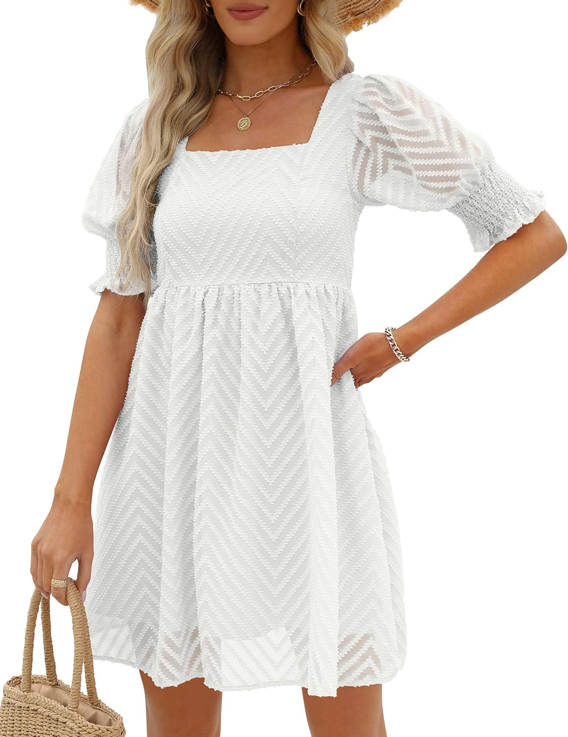 WEESO Womens Summer Puff Sleeve Square Neck Empire Waist Babydoll Dresses XXS-2XL