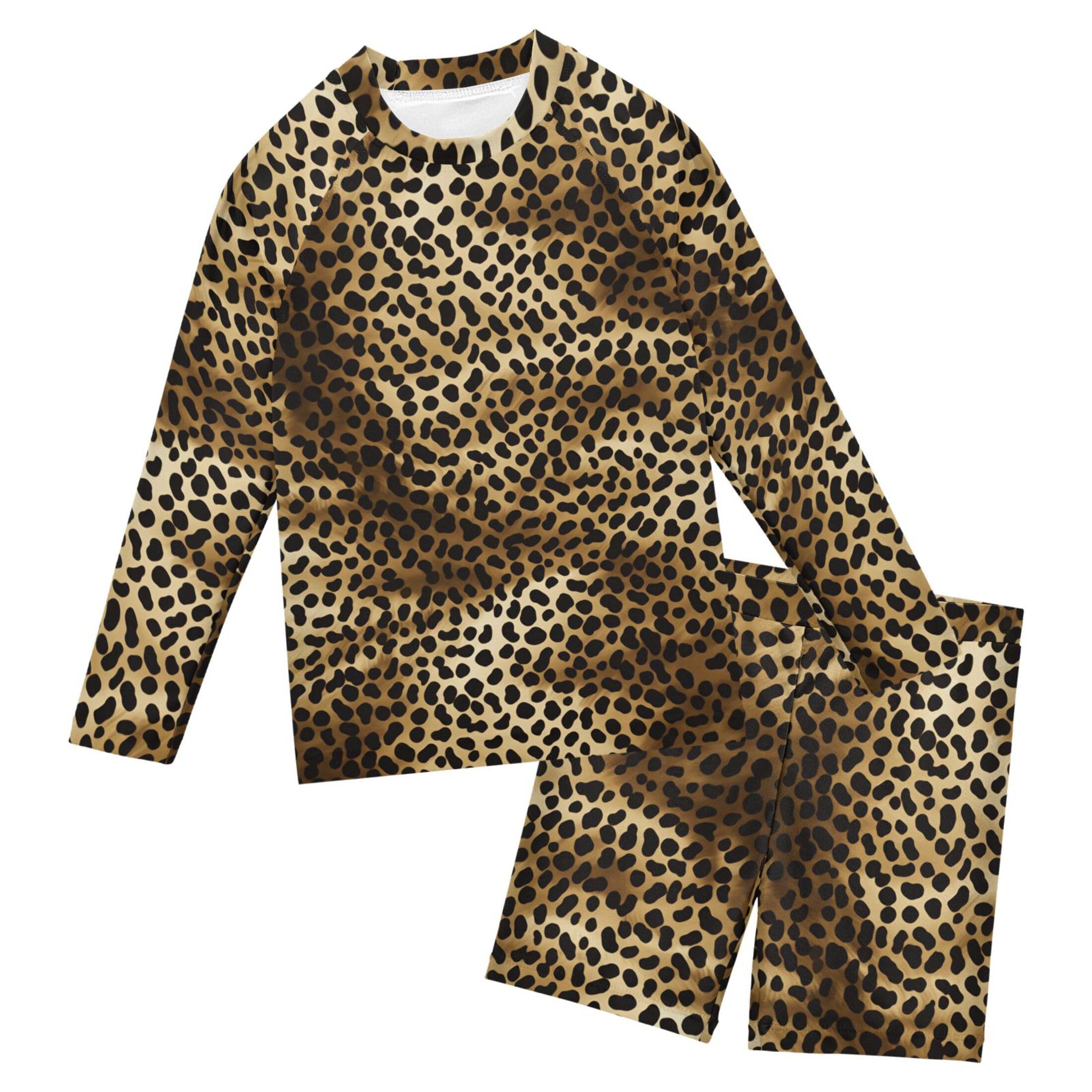 Brown Leopard Boys Rash Guard Swimsuits Set for Boys Long Sleeve Swim Shirts Bathing Suits with Trunks B0402688