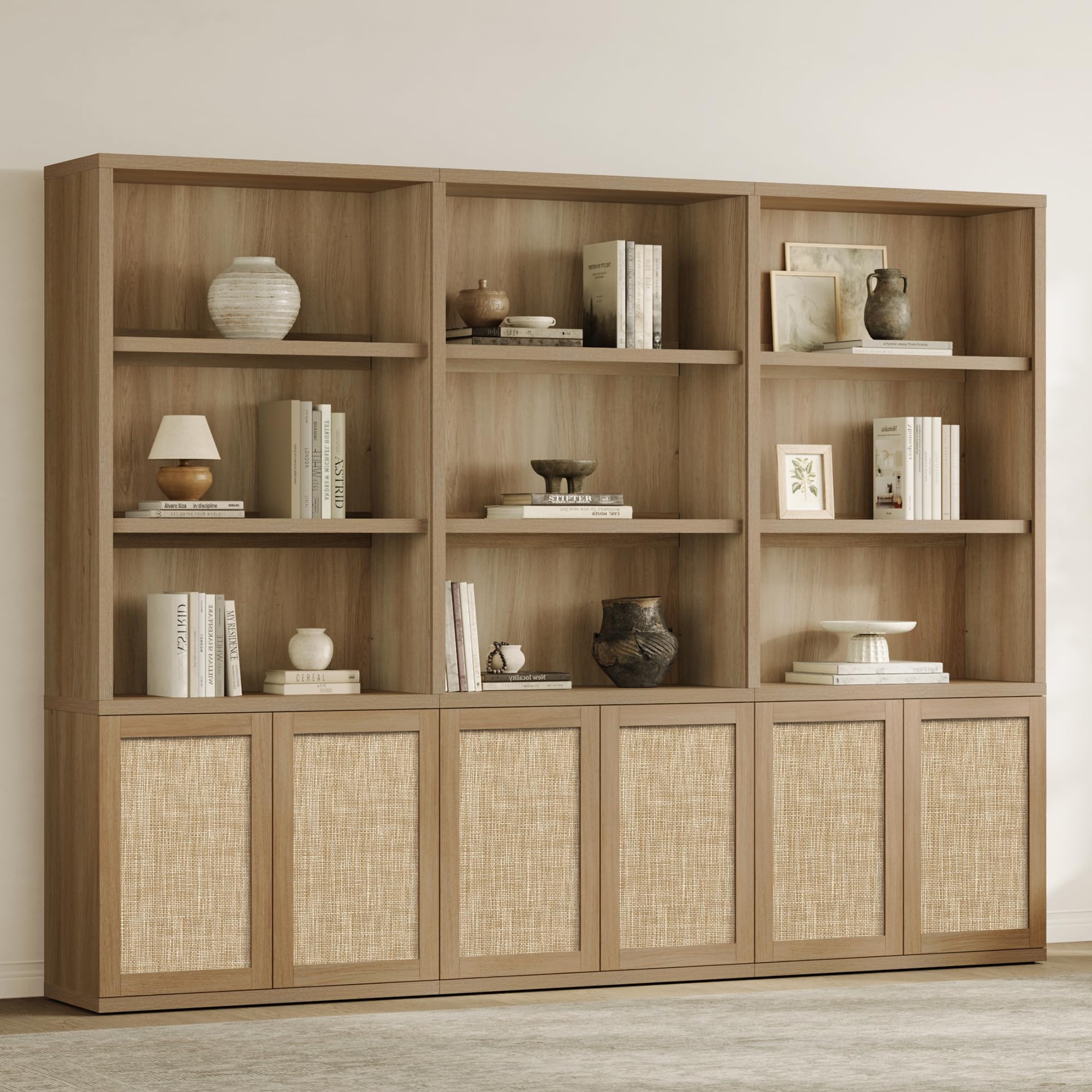 SICOTAS 70.5" Tall Bookshelf - Rattan 5-Tier Bookcase with Doors, Boho Farmhouse Book Shelf Case with Storage Cabinet, Large Bookshelves for Living