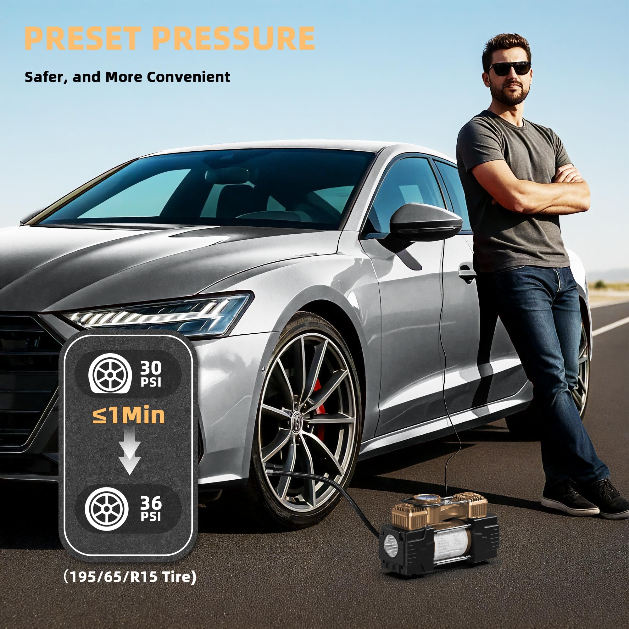 Doppelzylinder-Reifenfüller, Luftkompressor, 150 PSI 12 V DC, tragbare Luftpumpe, Autozubehör, LED-Licht, strapazierfähig, Off-Road für LKW, SUV, Auto, Wohnmobil für Männer und Frauen (Gold)