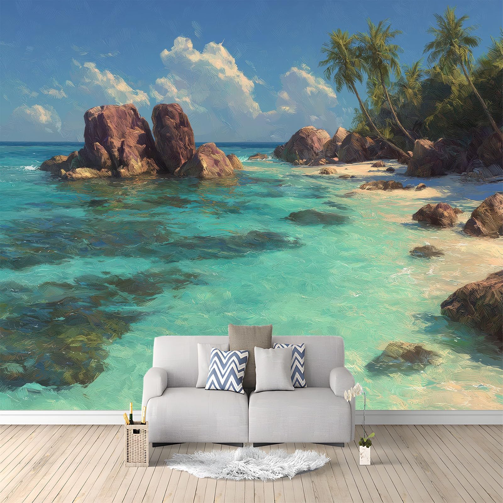 Photo Wallpaper, Realistic Beach Blue Sky Non-Woven Mural Wallpaper, Blue Wall Art for Gaming Room Living Room Bedroom Kitchen Office Family Wall Decor, 400 x 280 cm