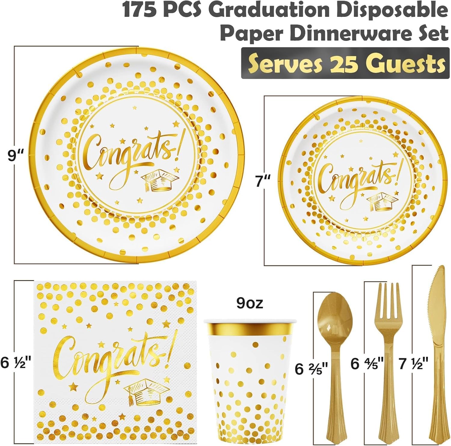 Ecomore Graduation Decorations 2026-175 PCS White Gold Disposable Dinnerware Set, Congrats Grad Party Supplies w/Paper Plates Cups Napkins & Plastic Cutlery, Serves 25 for School College Class 2026
