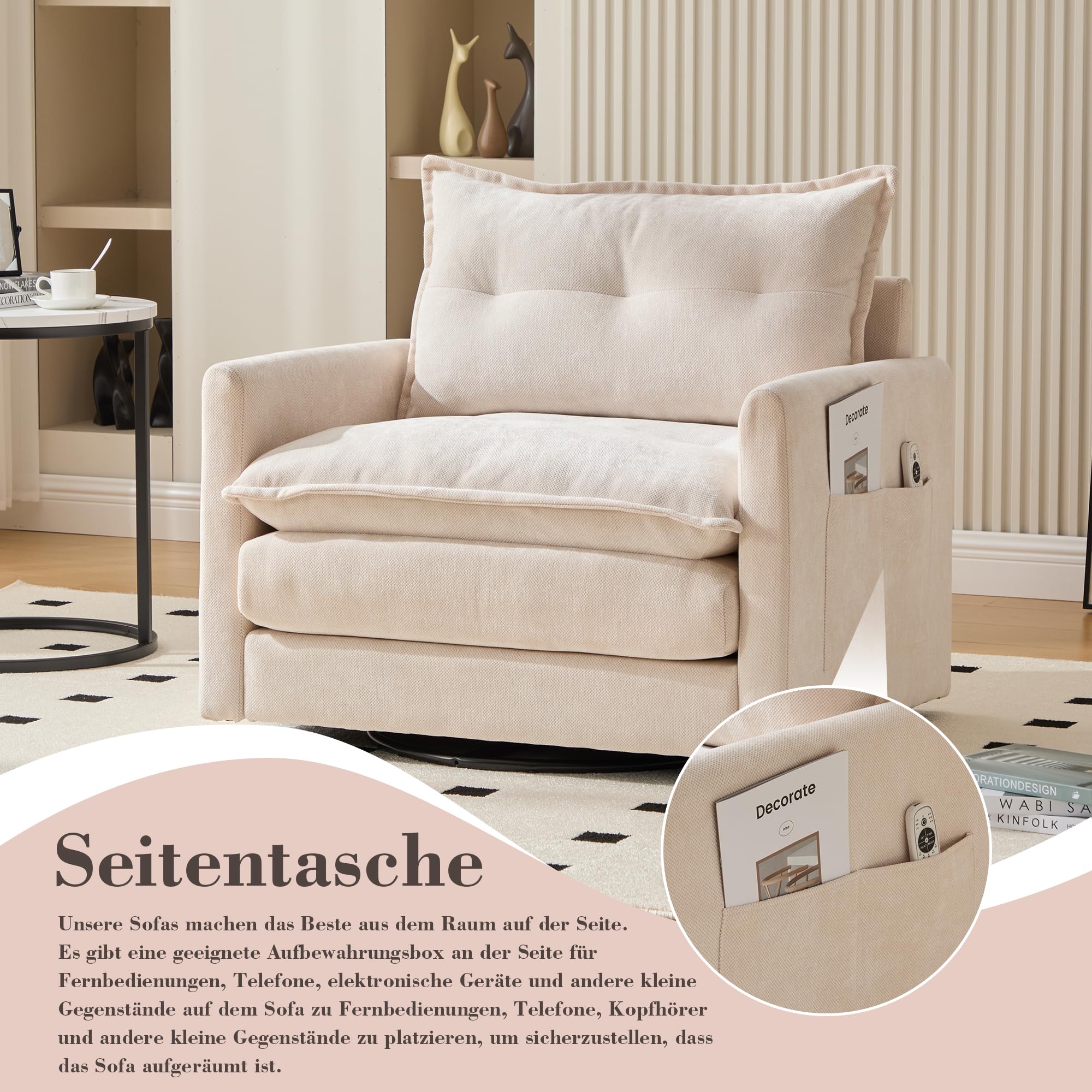Sillón giratorio para salón, sillón acolchado con bolsillo lateral y cojín, moderno sillón giratorio de lectura, color beige