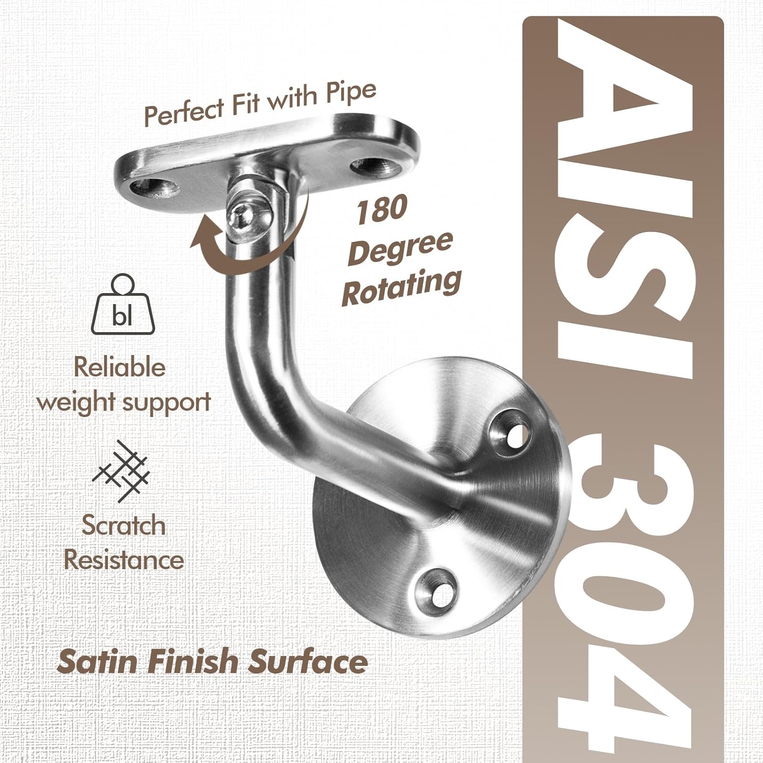 Heavy Duty Handrail Brackets, 304 Stainless Steel Adjustable Wall Mount Hand Rail Bracket, Satin Finish Stair Railing Holder Indoor Outdoor for Staircase, Banister - 2 Pack