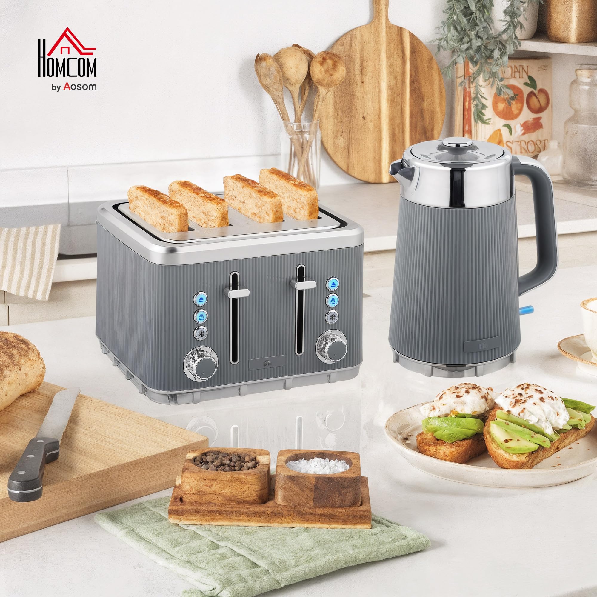 HOMCOM Juego de tostadora para hervidor de agua, 1,7 L, 2200 W, hervidor de agua rápido con interior de acero inoxidable, filtro de descalcificación, carcasa de sensación de refrigeración, termostato