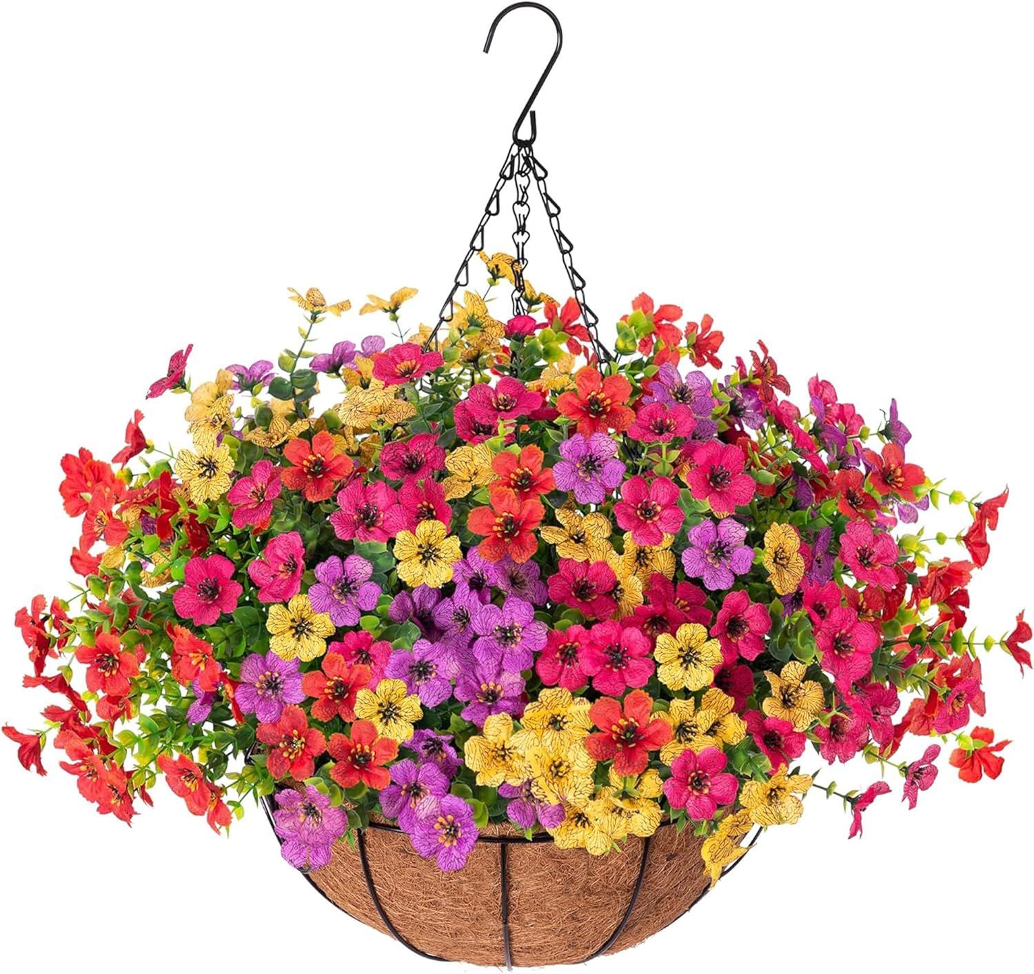 Orgrimmar Artificial Hanging Flowers Basket Outdoor Fake Hanging Plants UV Resistant Realistic Silk Flowers Eucalyptus in Coconut Lining Baskets for Home Porch Balcony Patio Yard Muti-Color 1 Mulit