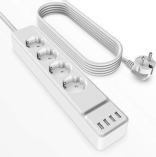Ciabatta Multipresa, Multipresa Elettrica Protezione (10A/2500W) con 4 Prese Individuali e 4 USB Intelligente (2,4A), Multipresa da Scrivania per Smartphone,Casa,Ufficio,Bianco,2m