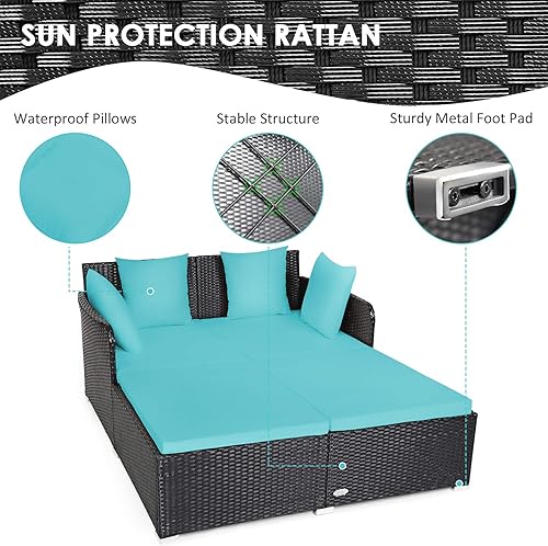 Miniatura 7 de Tangkula Sofá cama de ratán para exteriores, muebles de mimbre con asiento espacioso, cojín tapizado y esponja de alta resistencia, juego de sofá de