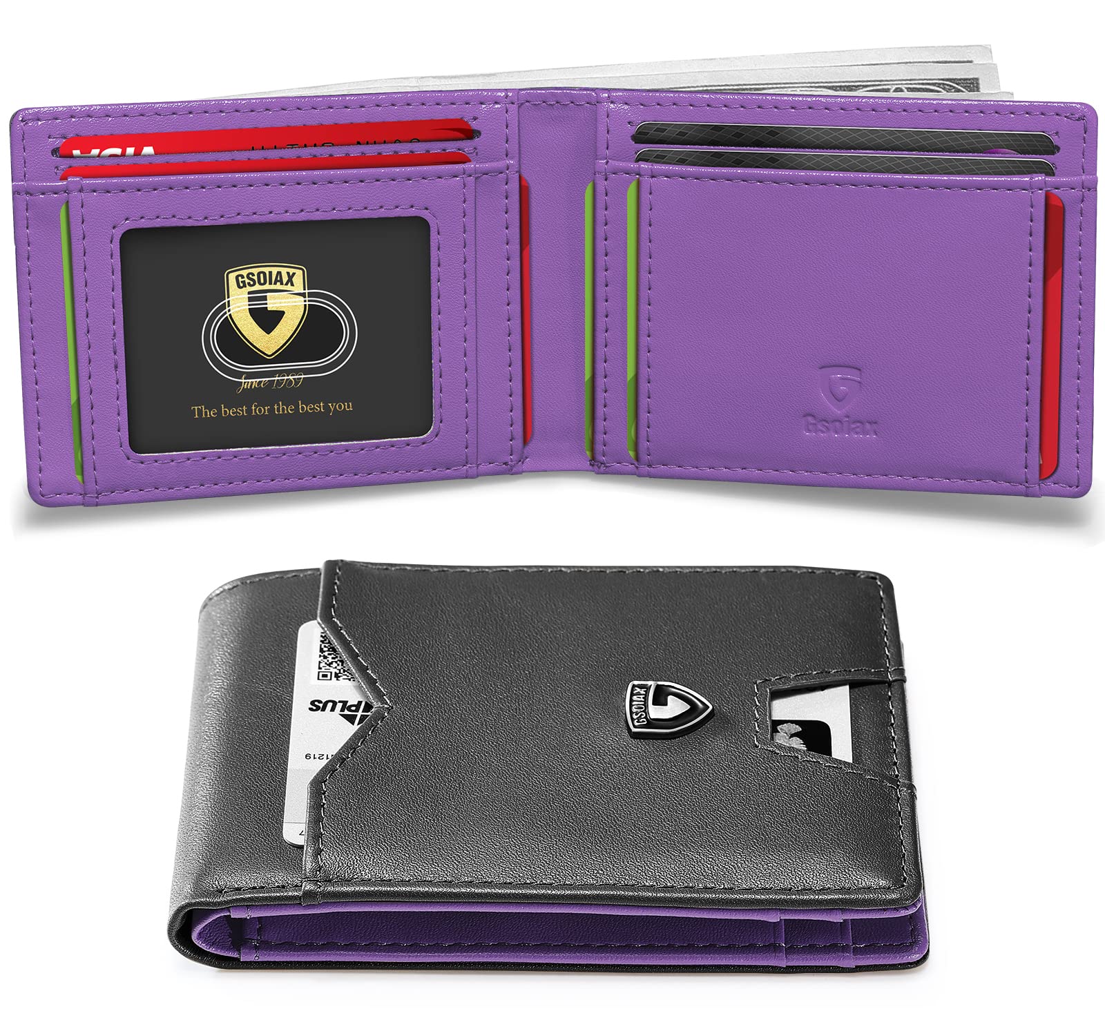 GSOIAXMens Slim Wallet for Men Minimalist Genuine Leather Carbon Fiber Rfid Blocking Bifold Credit Card Holder With Gift Box (Black and Purple)
