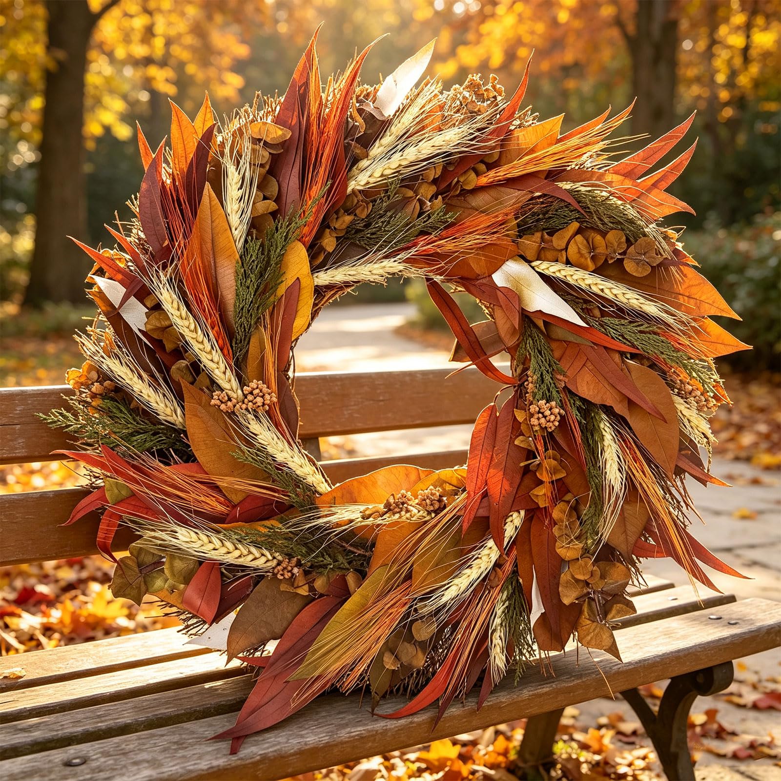 Künstlicher Herbst Türkranz mit Weizenähren und bunten Herbstblättern, 30-50cm Erntedankfest Kranz, Ernte Dekokranz für Haustür, Wand, Bauernhaus, Thanksgiving, Innen & Außen Dekoration (50 cm)