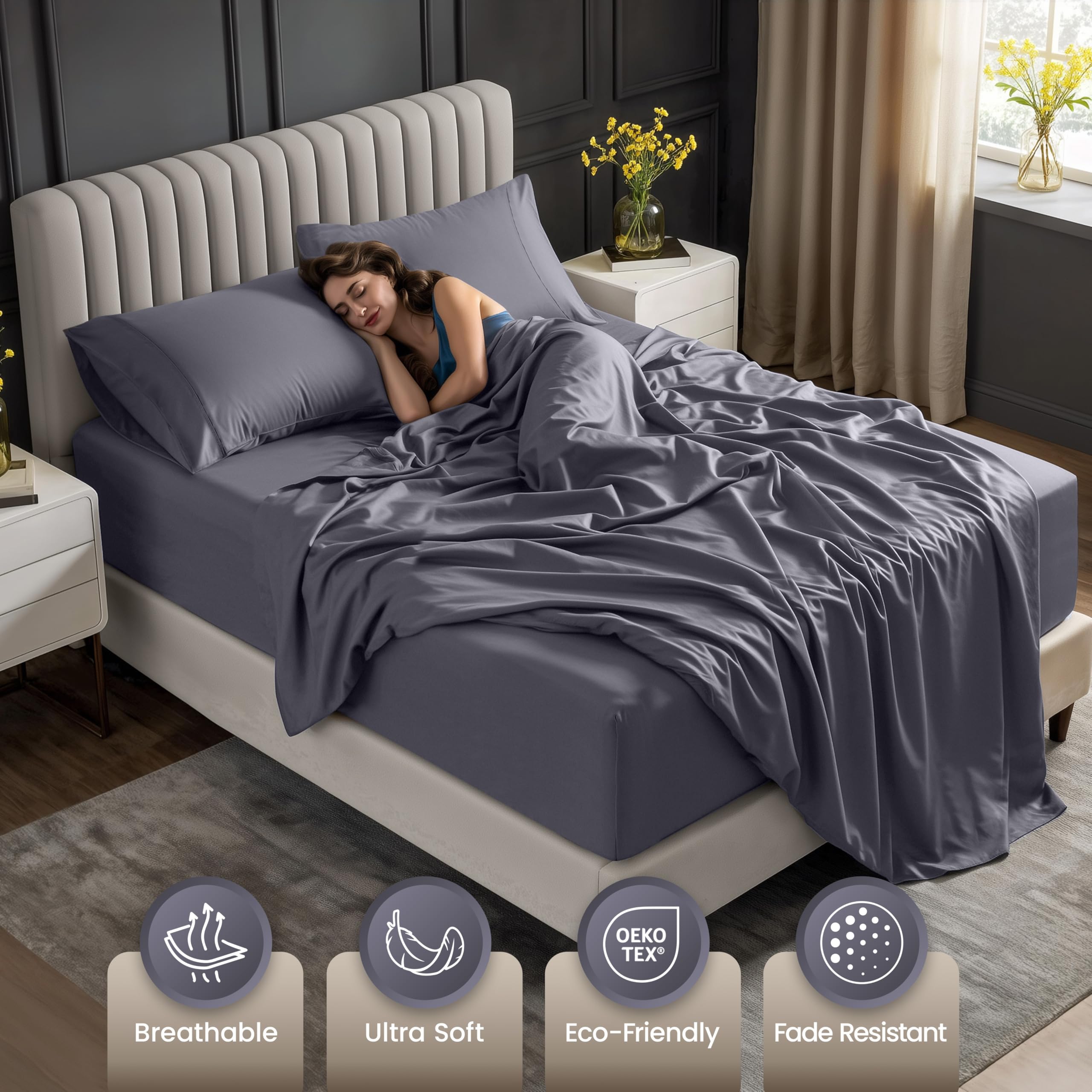 Amazon｜Utopia Bedding ベッドシーツ6点セット (クイーン、グレー) 枕