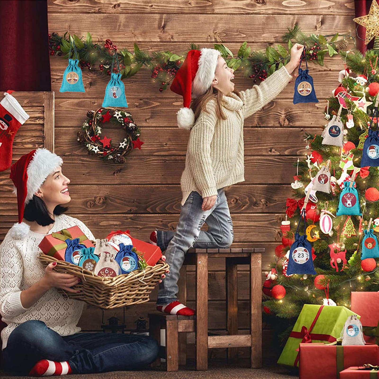 Carehabi - 24 calendriers de l'Avent à remplir, sacs en tissu, calendrier de Noël (24 sacs en tissu, 48 autocollants chiffres de l'Avent, 24 pinces en bois, 10 m de corde de chanvre) Lin/Vert/Bleu