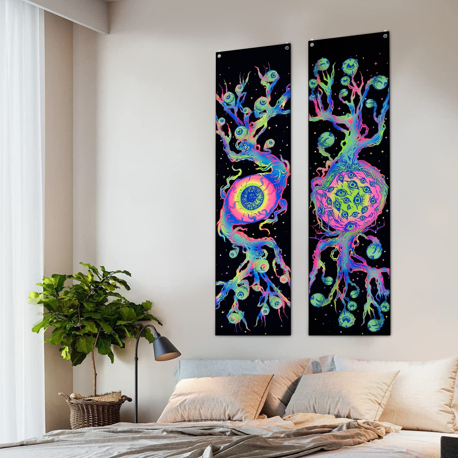 Roninkier Arazzo da parete luce-Nera - Blacklight foresta Arazzo albero della vita mandala da parete sole luna tapiz per parete telo etnico decorazioni per camera da letto,230X180CM