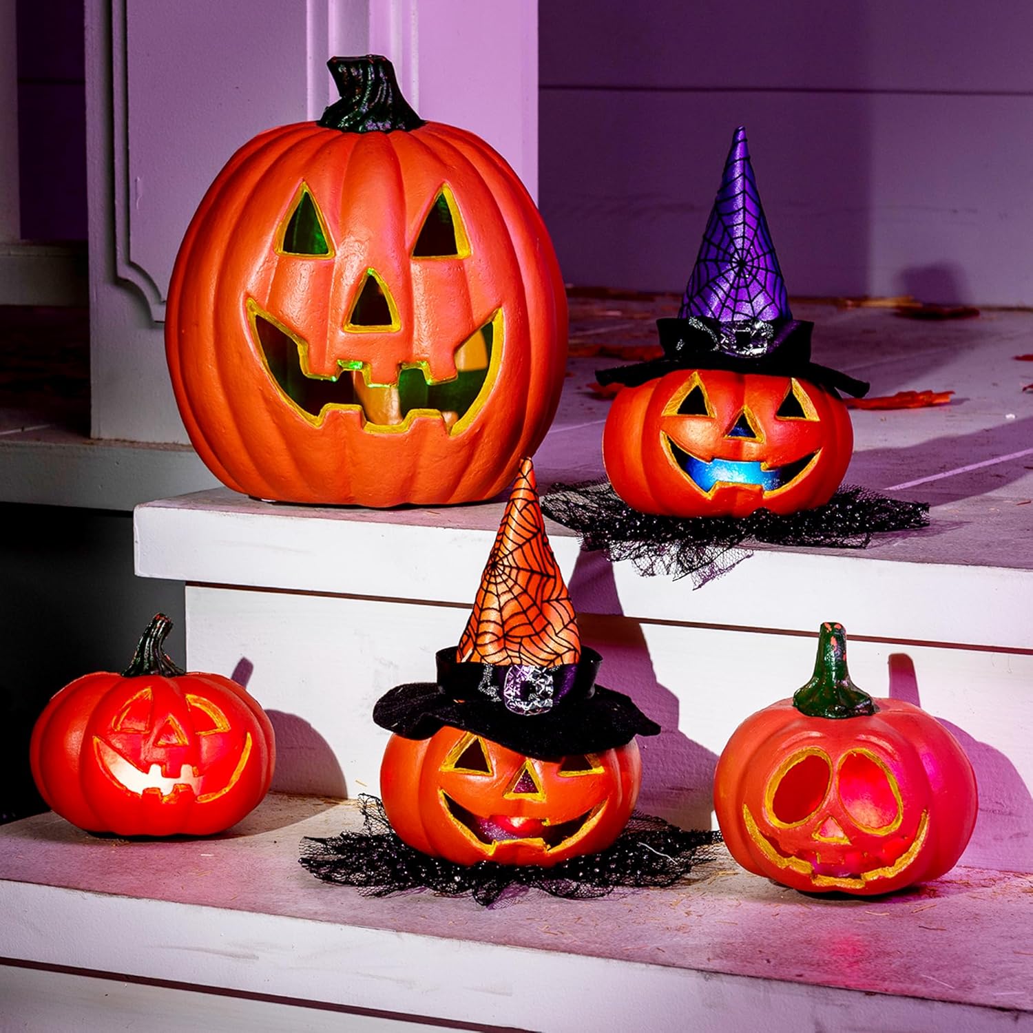 JOYIN 5 Pcs Light Up Halloween Pumpkin Decor Jack O Lantern Decorations Outdoor Indoor, Plastic Large Trick Or Treat Table Top Party Supplies Favors Horror