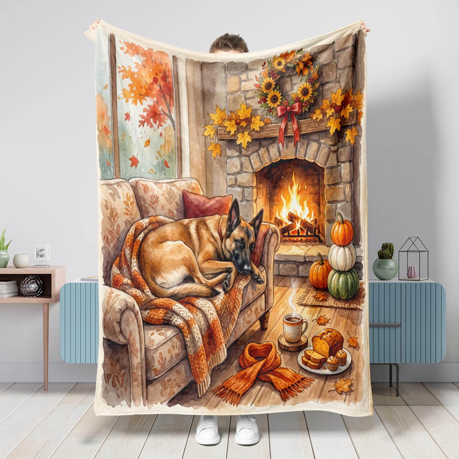 Couverture d'automne pour chien malinois belge, 127 x 152,4 cm, couverture douce et confortable pour canapé, salon, plage, voyage, décoration d'intérieur de style rustique