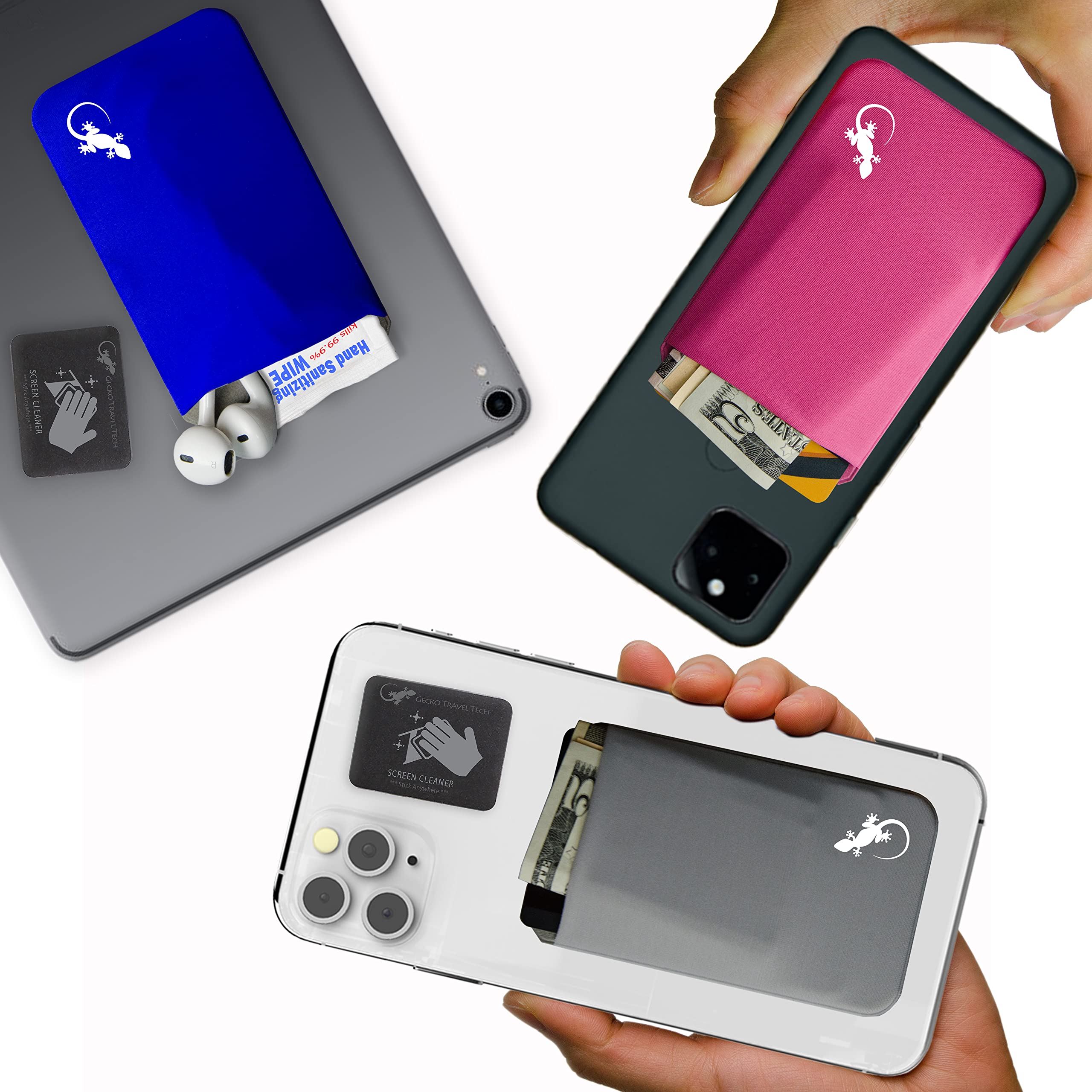 Phone Wallet - Adhesive Card Holder - Cell Phone Pouch - Stick on Lycra Pocket by Gecko - Carry Credit Cards and Cash