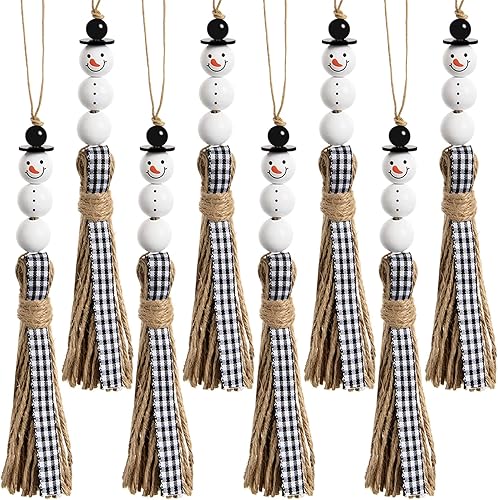 ARCHCRTC Adorno colgante de cuentas de madera de muñeco de nieve, guirnalda de cuentas de muñeco de nieve de Navidad con borla a cuadros para