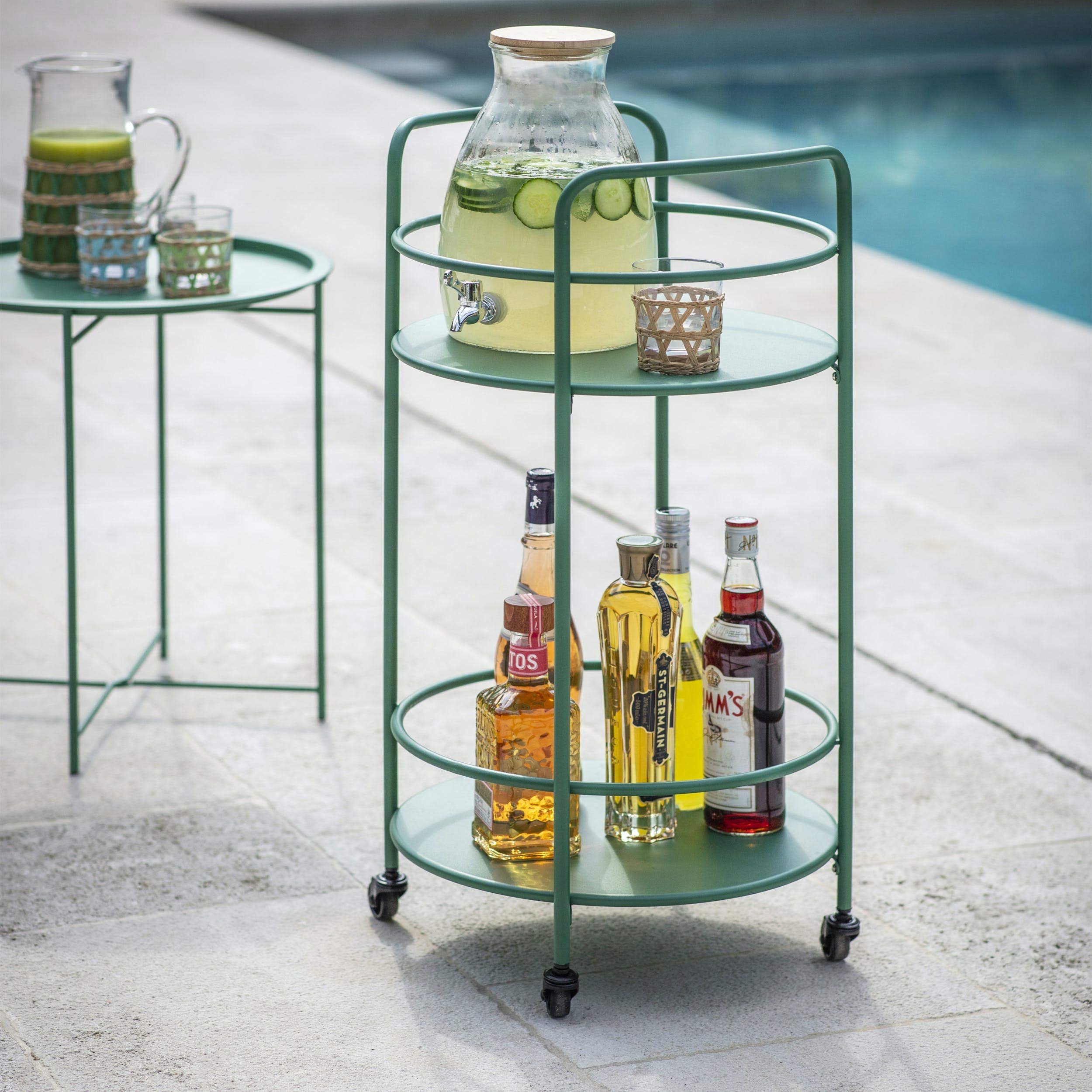 CKB LTD Carrito redondo de servicio de bebidas fabricado en acero recubierto de polvo acabado mate metal cocina interior al aire libre carrito de bebidas jardín con 4 ruedas 79 x 42 x 40 cm, Verde