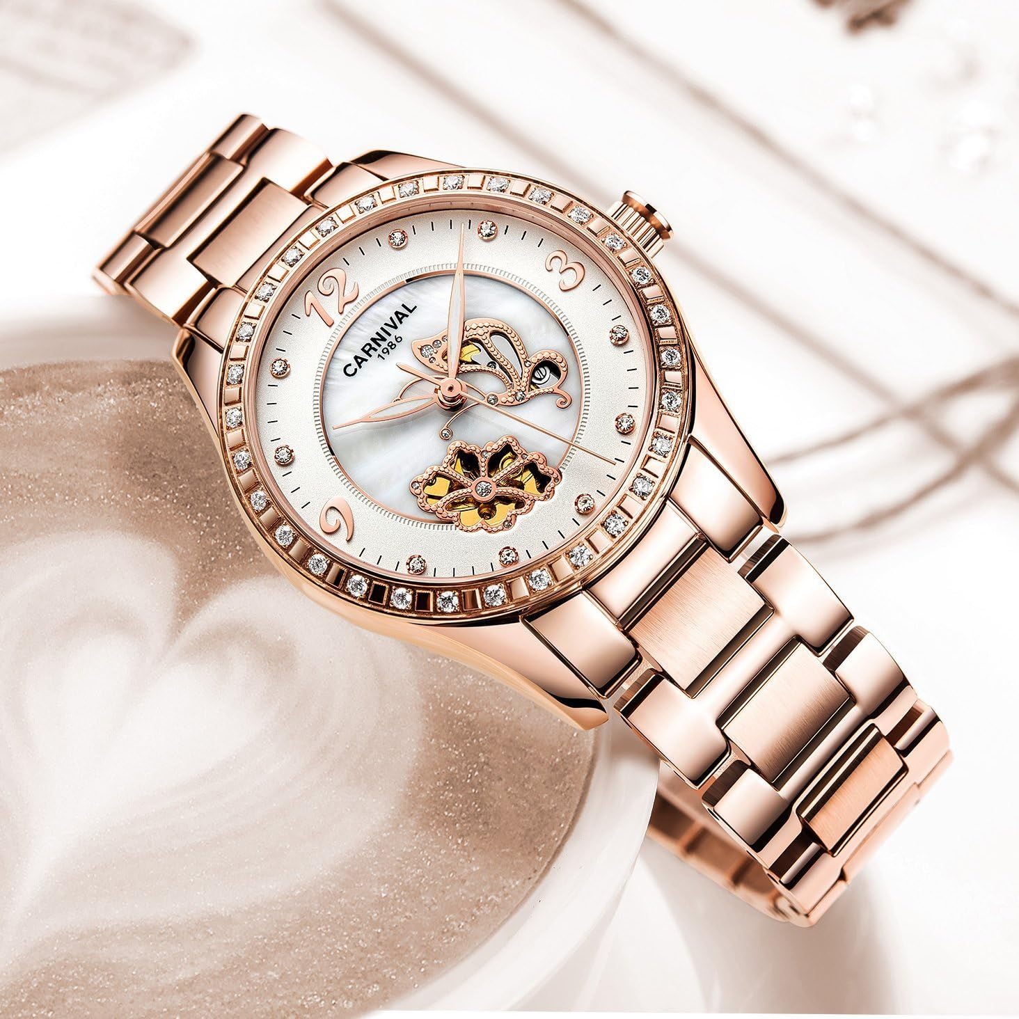 Gosasa Luxury Women's Automatic Automatic Mechanical Watch Calendar Rose Gold Stainless Steel Watch