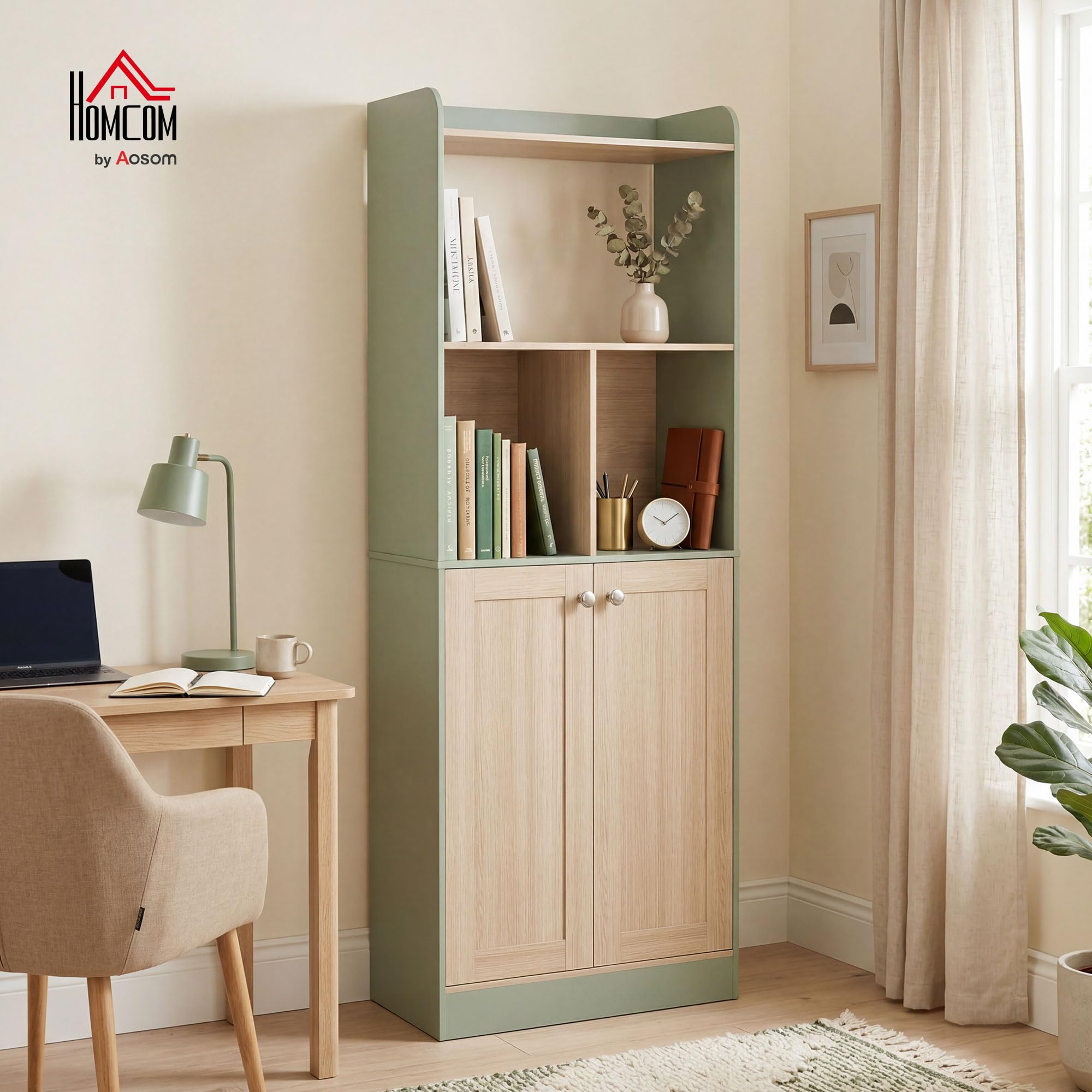 HOMCOM Libreria 5 Ripiani 2 Ante 60x30x161.2cm Verde Legno Naturale