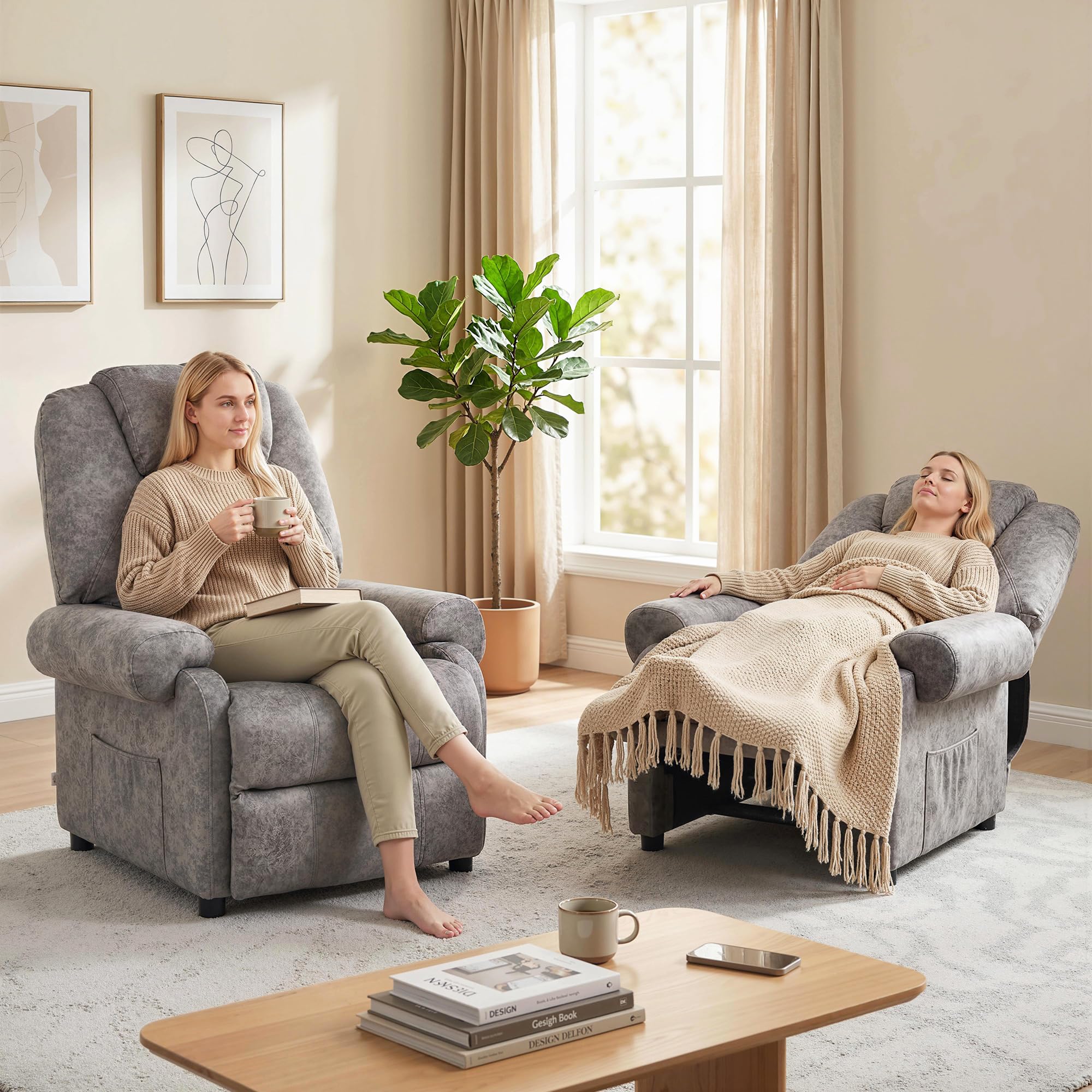 HOMCOM Sillón Relax Reclinable Manual, Sillón Relax de Terciopelo con Reposabrazos, Reposapiés, Acolchado Grueso, Butaca Reclinable hasta 135º para Salón, Dormitorio, Oficina, Gris