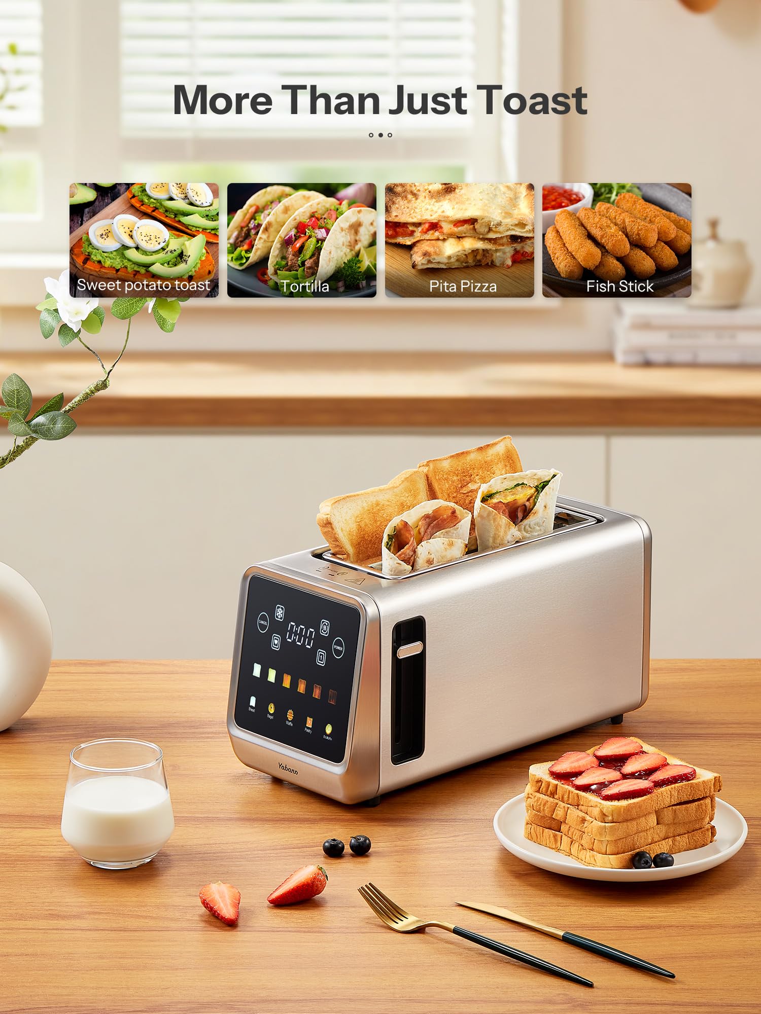 Yabano Tostapane digitale intelligente con touch screen, funzione memoria, tostatura singola, timer, riscaldamento e scongelamento per bagel, pane, waffle, muffin, acciaio inox