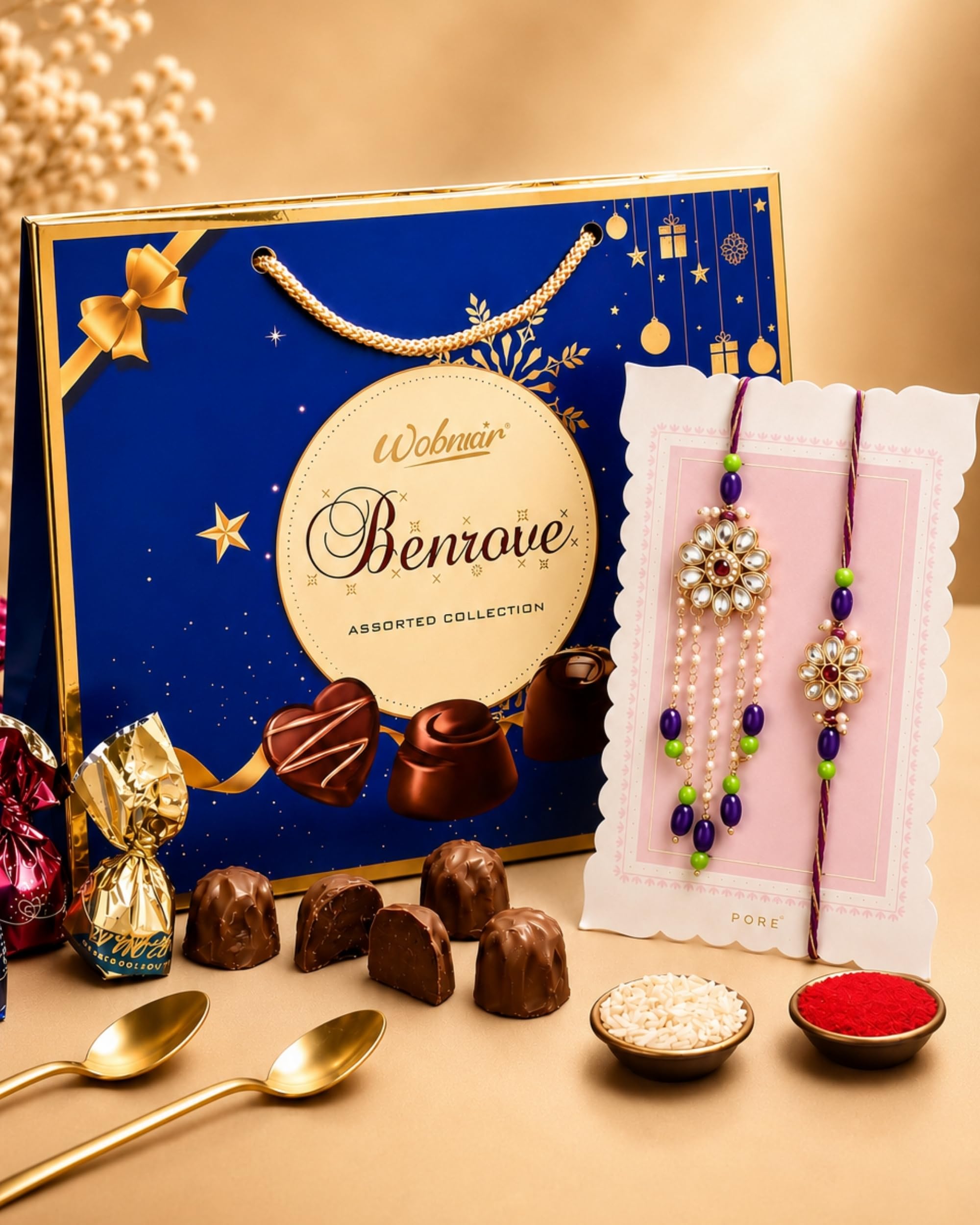 HyperFoods® Bhaiya Bhabhi Rakhi Set With Chocolate Gift Pack And Rakhi For Brother And Bhabhi Gift Hamper Chocolates With Rakhi Set For Brother Benrove Chocolate 350G Gifts Pack-image-24