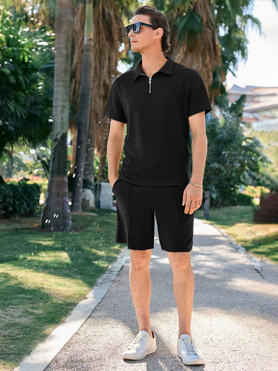 Runcati Mens Summer Track Suits Short Sleeve 1/4 Zip Golf Polo Shirts 2 Piece Shorts Sets Casual Textured Sweatsuit Outfits - Image 5