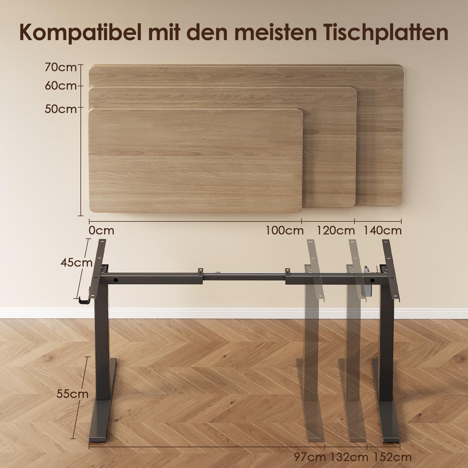 OffiGo Höhenverstellbarer Schreibtisch Gestell, Tischbeine Höhenverstellbar mit 3 Memory-Funktion, Elektrischer Schreibtisch für das 100cm-140cm Tisch, Schwarz