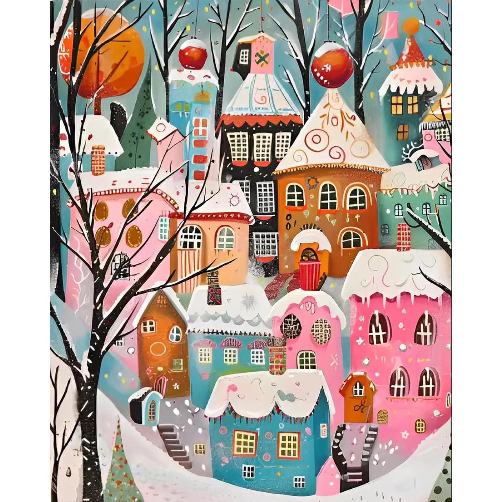 JATOK Paint by Numbers for Adults, Painting Kits for Beginners On Clear Symbols Colored Canvas, Easy DIY Acrylic Pigment Drawing Paintwork for Home Wall Decor, 16x20in Frameless, Snowy House