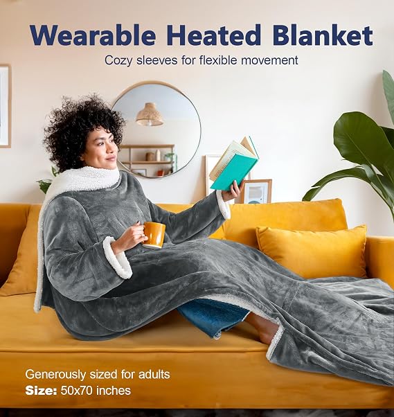 PASAMIC Electric Wearable Heated Blanket with Foot Pocket, Heated Blanket Wearable with Sleeves, Flannel & Sherpa Electric Throw Blanket, 10 Heat Settings & 2-8H Auto Shut-Off, 50 * 70+18, Ash Gray
