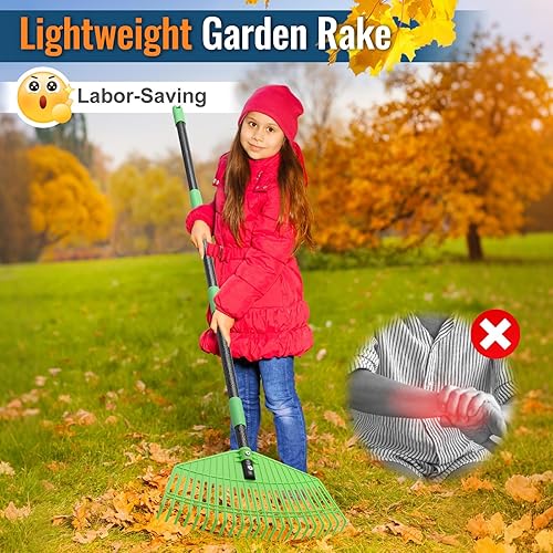 Miniatura 4 de Rastrillo de hojas ultraligero, cabeza de 16.5 pulgadas de ancho y mango de agarre cómodo de 59 pulgadas, dientes flexibles suaves para un uso
