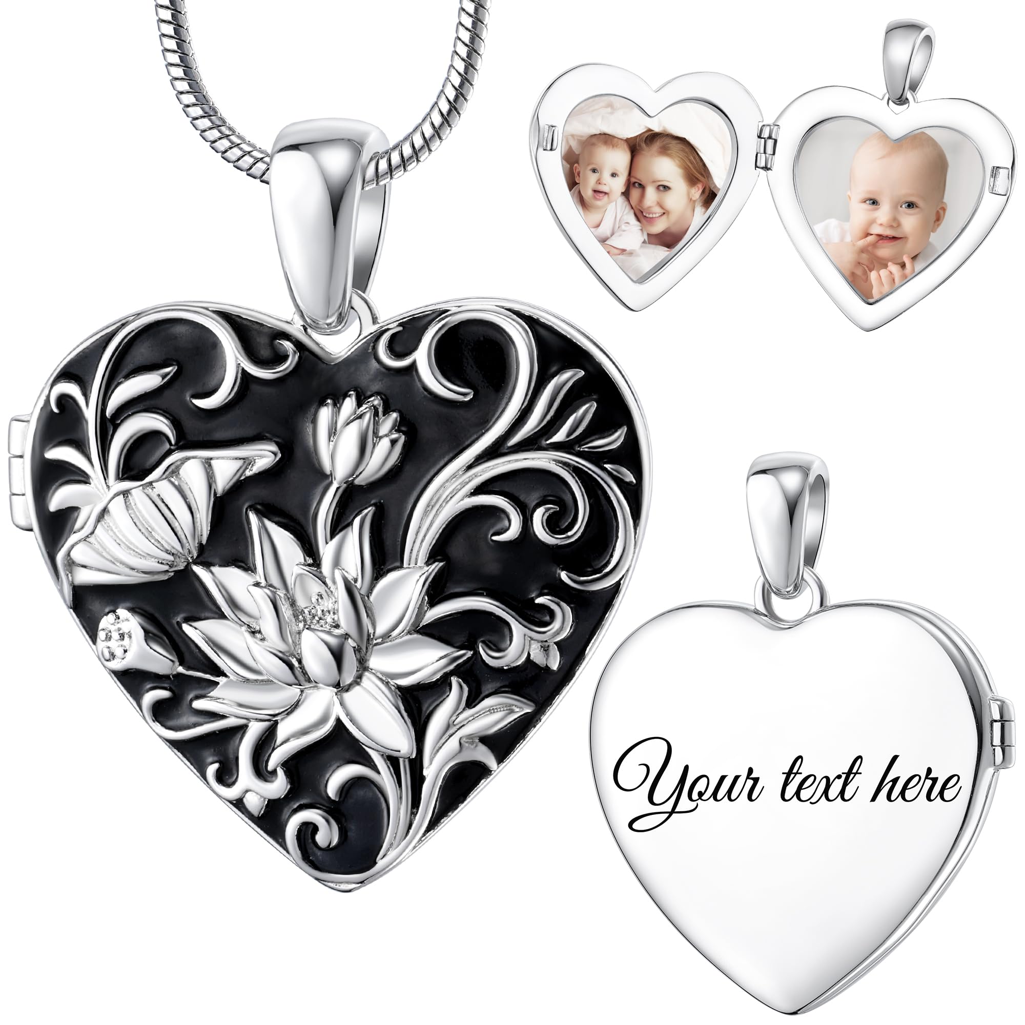 Fanery Sue Personalized Vintage Locket Necklace that Holds Pictures, Customized Picture Lockets Personalized Heart Locket Photo Memorial Jewelry