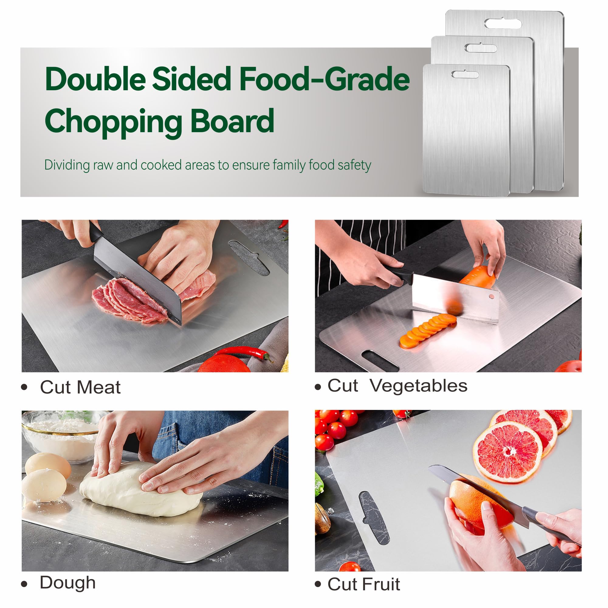 Juego de 3 tablas de cortar de titanio 100% puro para cocina, tabla de cortar de doble cara de grado alimenticio para cortar carne, verduras, frutas, aptas para lavavajillas