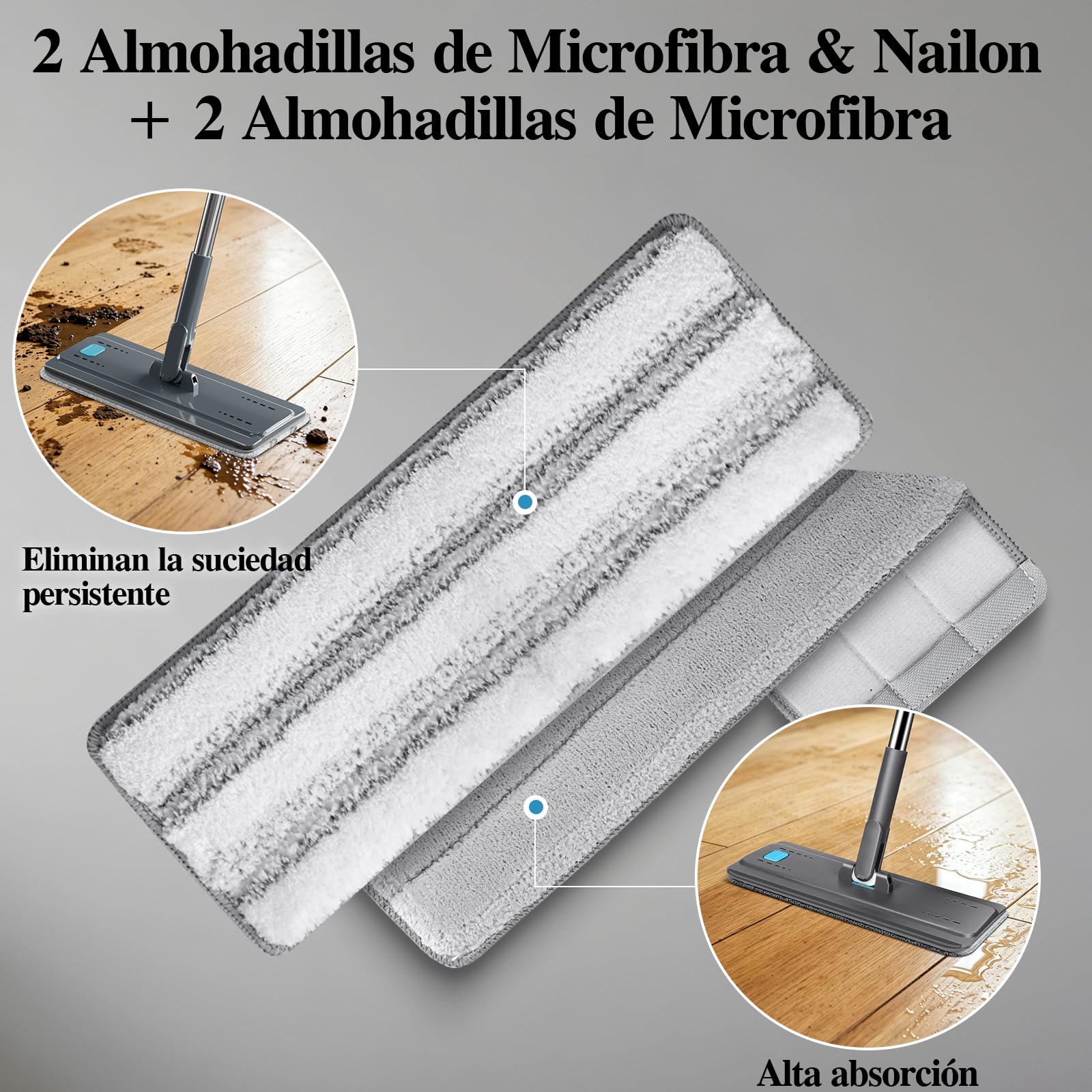 MASTERTOP Mopa Fregona y Cubo Escurridor para Limpieza Suelos Mopa Plana Microfibra con Cubo Dos Compartimentos y 4 Almohadillas Reutilizables para Madera Parquet Azulejo (Gris Oscuro)