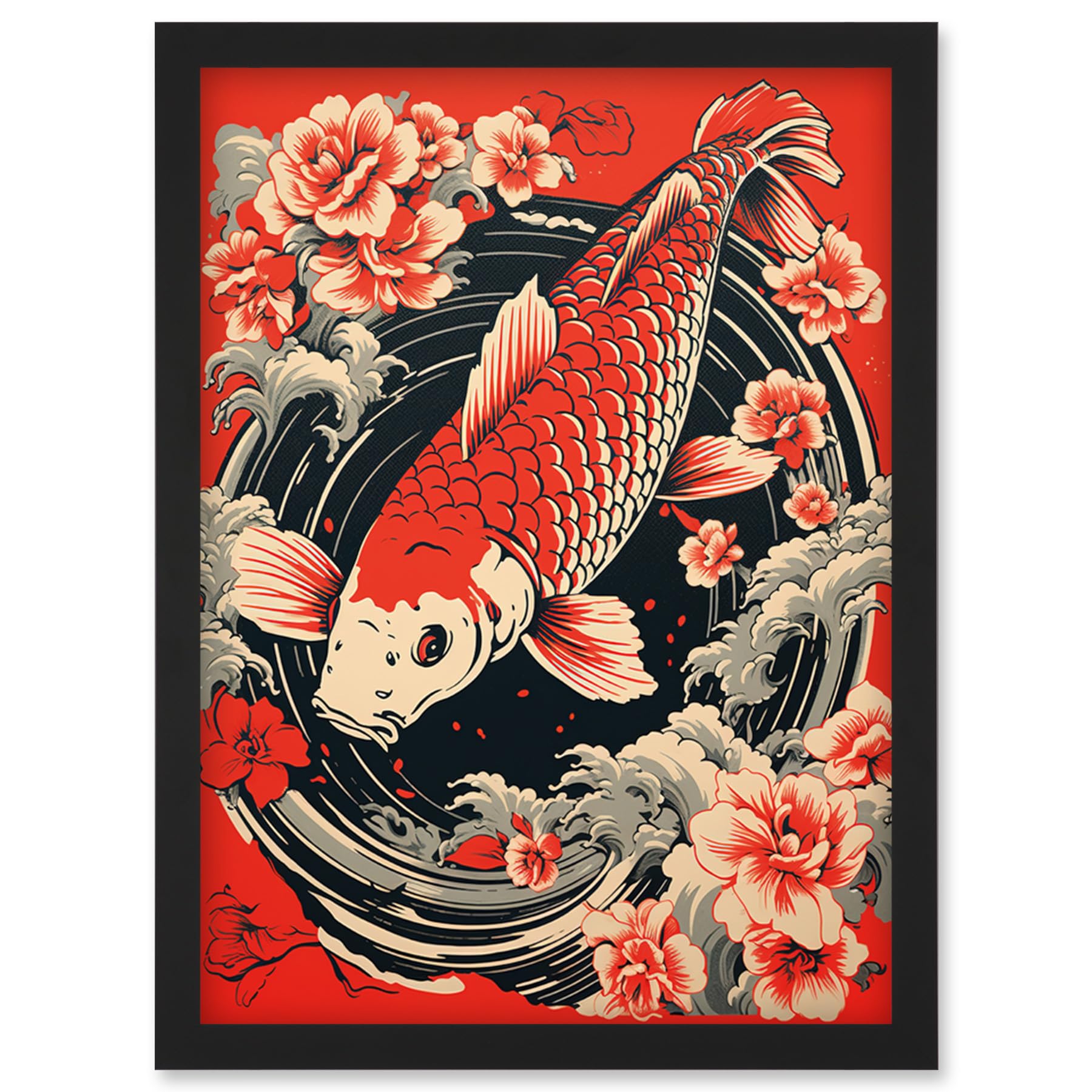 Artery8 Koi Fish Carp Japanese Whirlpool Red Black Floral Illustration Artwork Coy Artwork Framed Wall Art Print A4